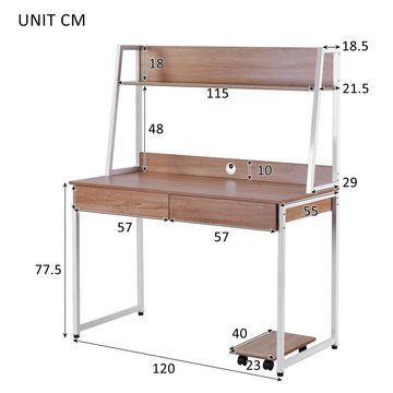 Merax Regal-Schreibtisch WriteF, Schreibtisch Arbeitstisch aus Holz mit Ablage und 2 Schubladen