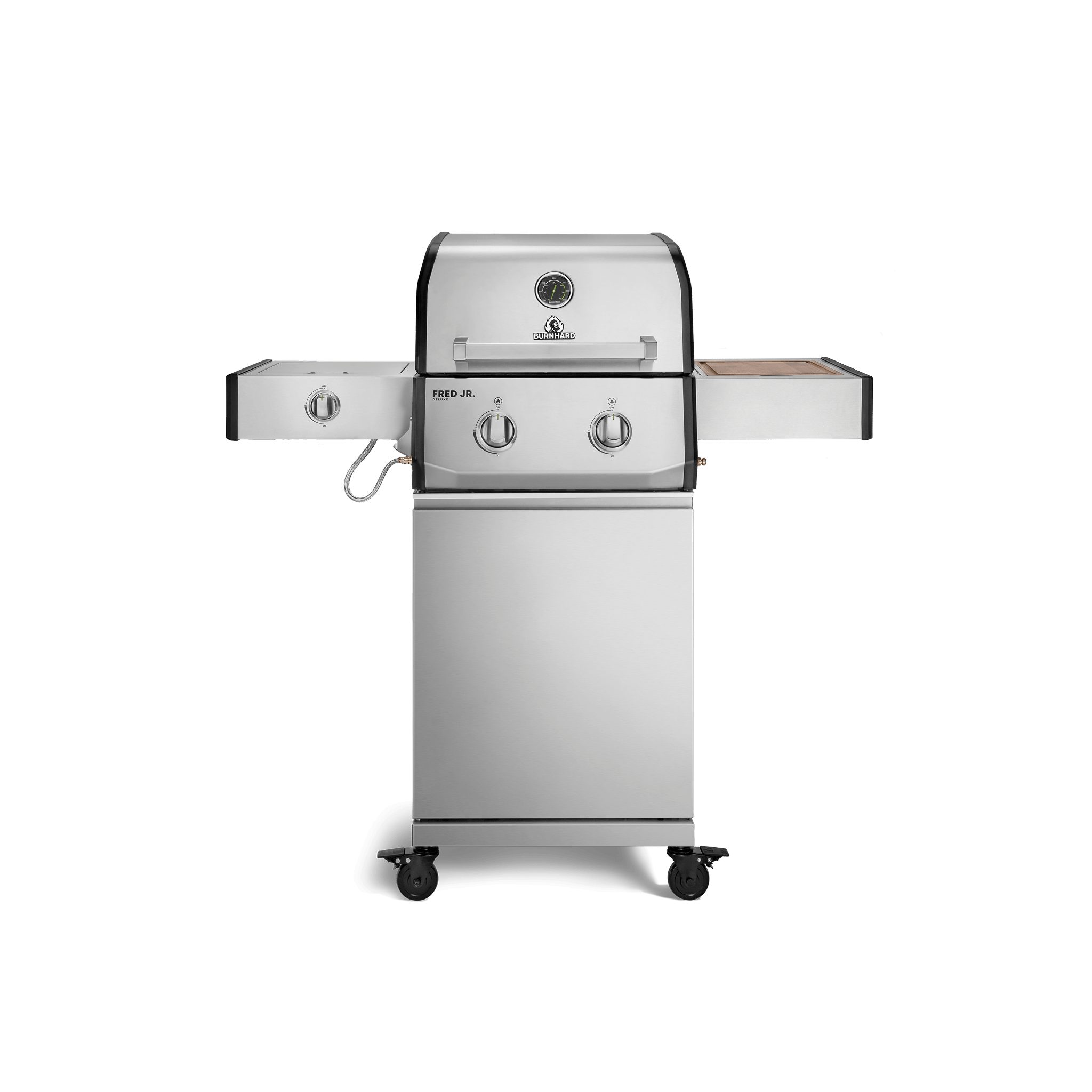 BURNHARD® Gasgrill 2-Brenner, 2x Edelstahl-Stabbrenner à 3,75 kW, Infrarot-Keramikbrenner, Seitentisch, Gussrost, Piezo-Zündung, kompakt, für 5 Personen – FRED Jr. Deluxe