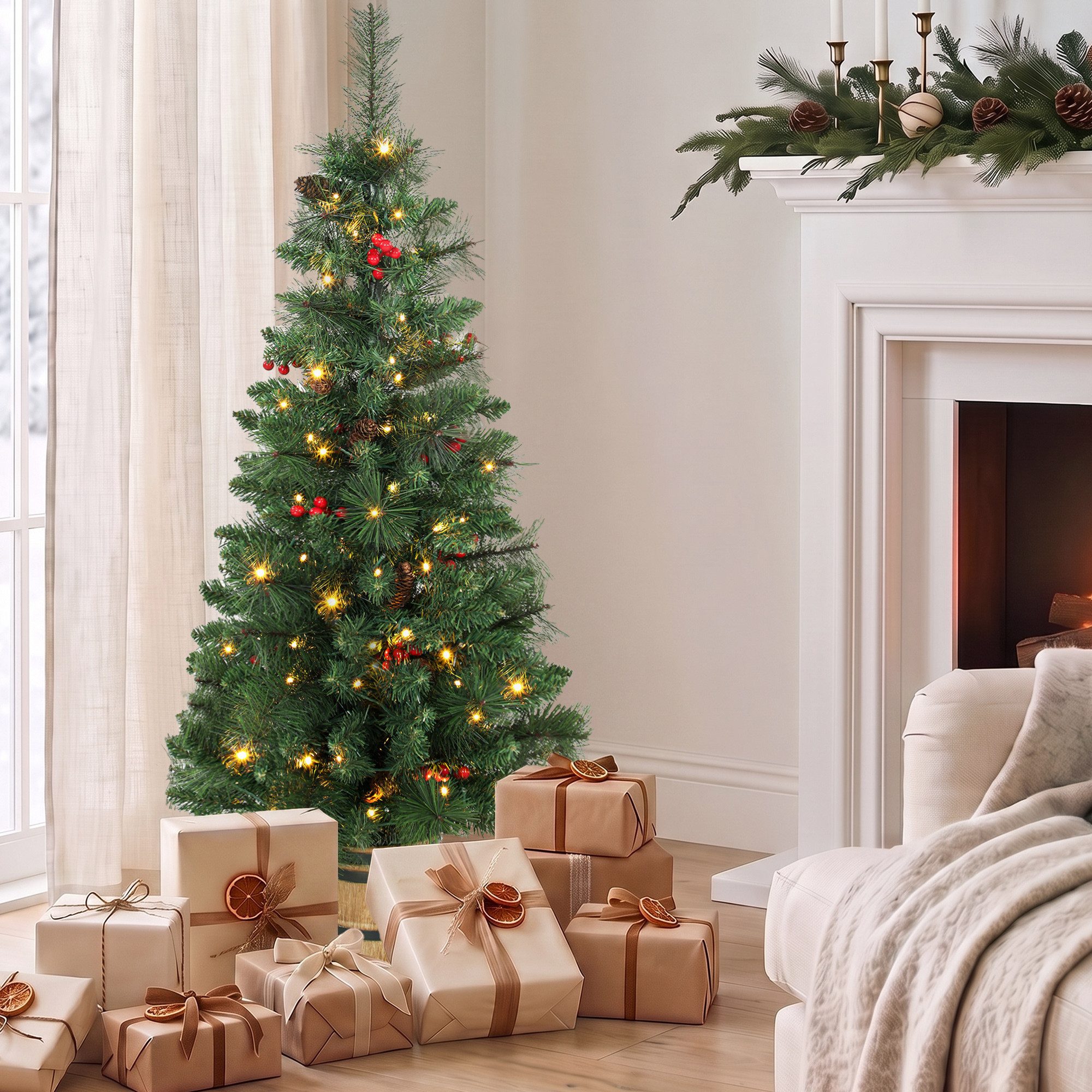 HOMCOM Künstlicher Weihnachtsbaum Weihnachtsbaum 100 LEDs, 2-farbige Beleuchtung, 131 Spitzen, Kiefer, Fernbedienung; 11 Lichtmodi; Topf Holzfass-Optik