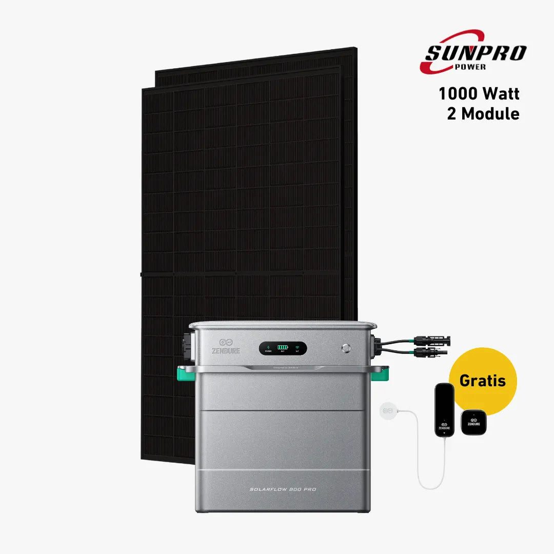 Balkonstrom Balkonkraftwerk 1000W + Speicher, Zendure Solarflow 800 Pro, Komplettset, Bifazial, 1000 W, Monokristallin, (Zendure Solarflow 800 Pro Stromspeicher), Made in Germany Kabel