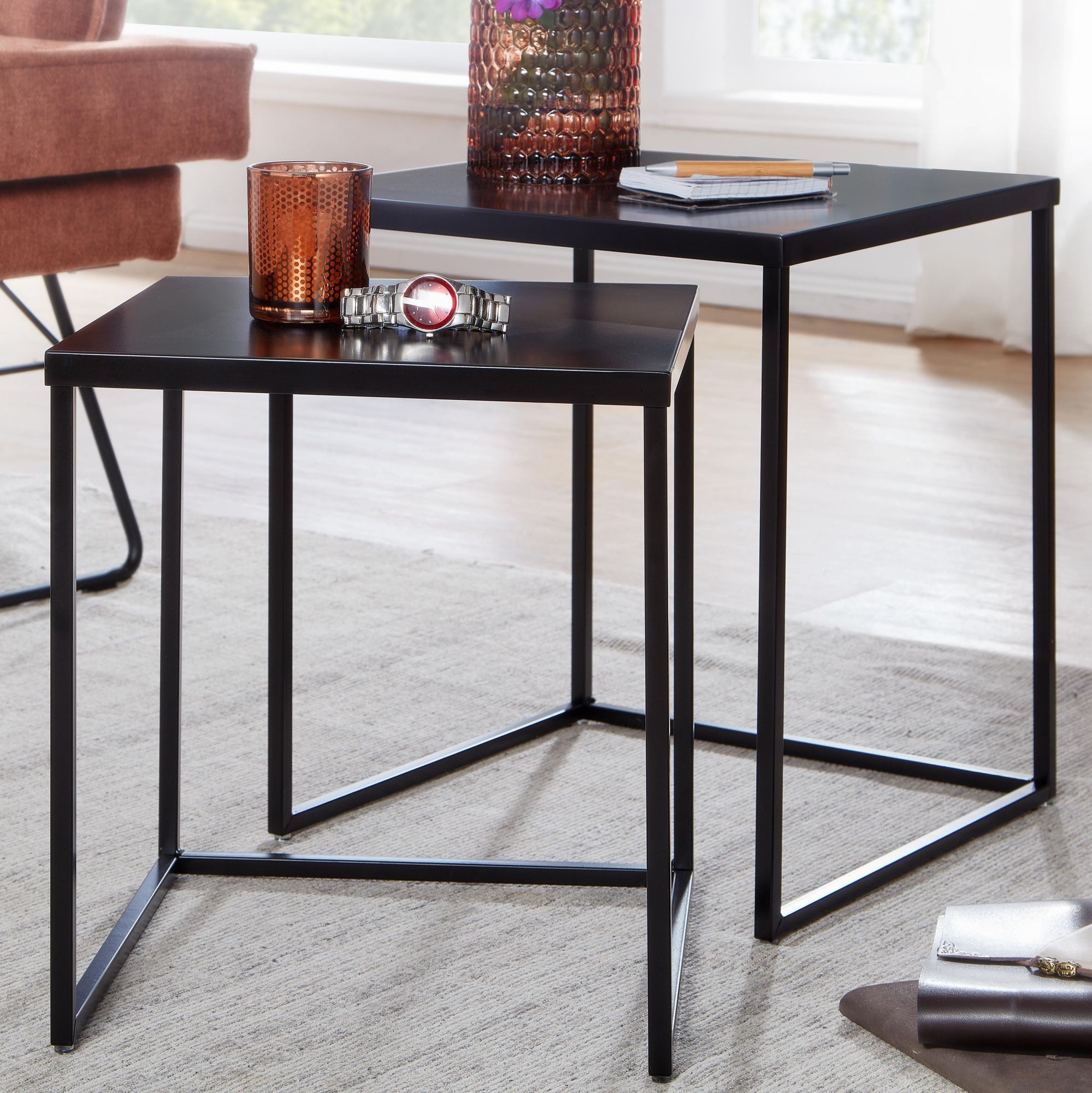 Wohnling Satztisch WL6.602 Beistelltisch Metall 2 teilig Couchtisch Tisch Set Schwarz (Beistelltisch 2er Set Schwarz Metall Industrial), Wohnzimmertisch Kaffeetisch mit Metall-Gestell