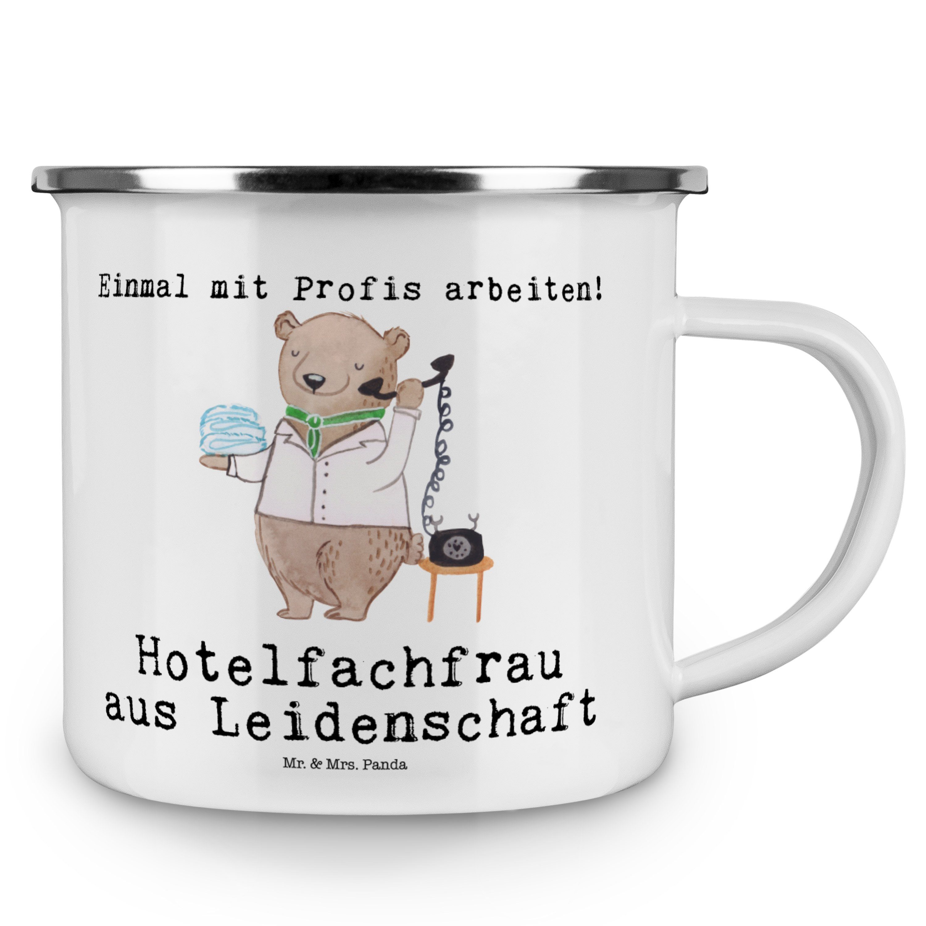 Becher - Emaille Geschenk, Weiß Mrs. Hotelfachfrau Panda Leidenschaft - Metalltasse, Outdoo, aus & Mr.