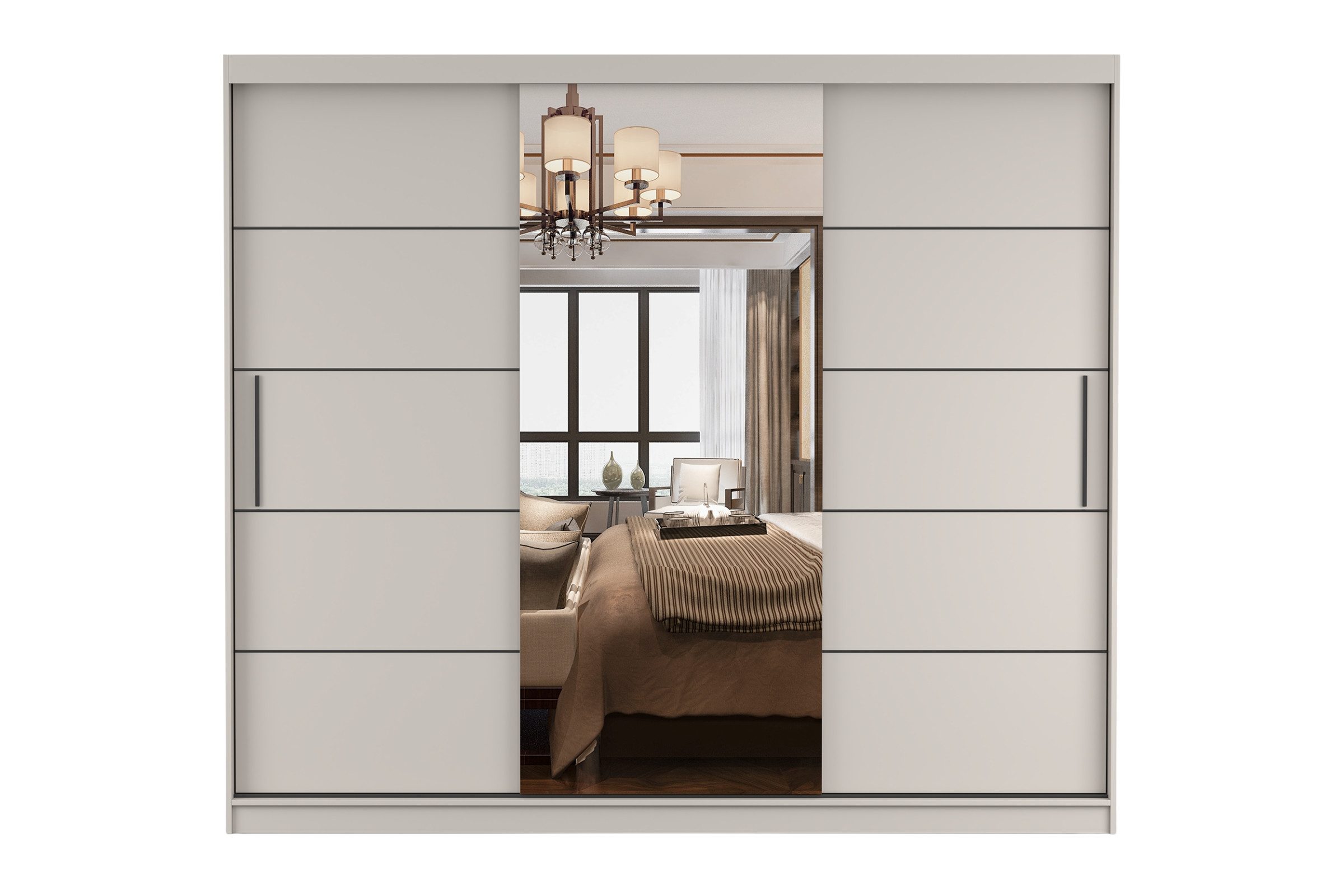 Deine Möbel 24 Schwebetürenschrank ALASKA 250 cm großer Kleiderschrank mit Spiegel (mit viel Stauraum, 1-St., moderner Schlafzimmer-Schrank in Weiß matt oder Kaschmir) mit 3 Schiebetüren, 9 Regalböden und Kleiderstange