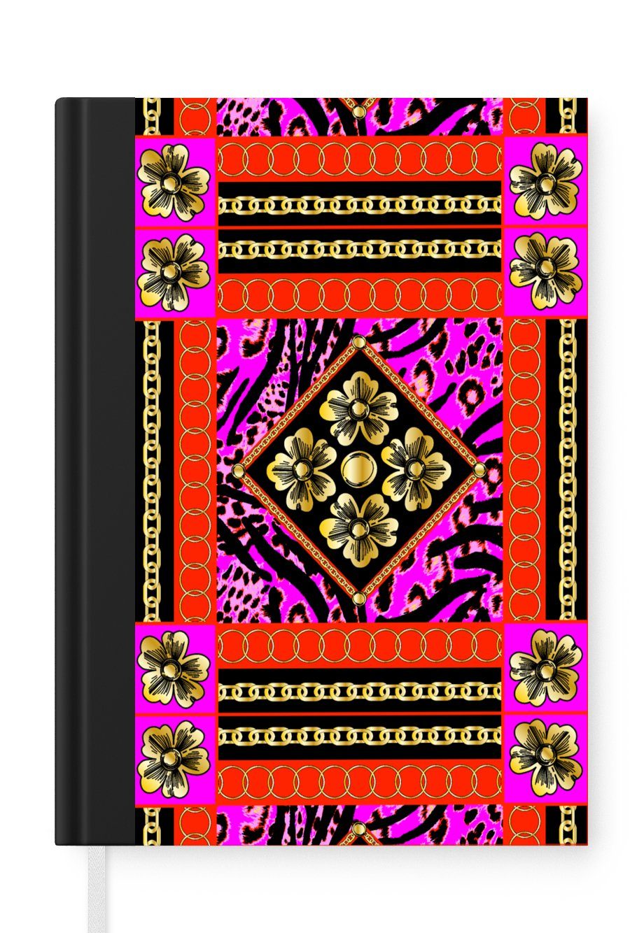 MuchoWow Notizbuch Blumen - Halskette - Pantherdruck - Gold - Muster, Journal, Merkzettel, Tagebuch, Notizheft, A5, 98 Seiten, Haushaltsbuch