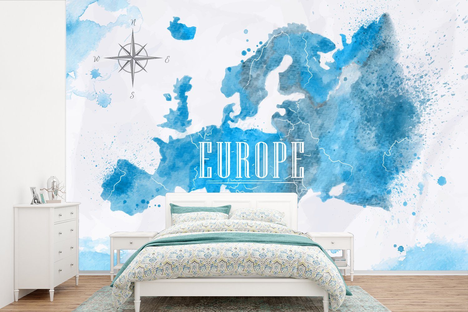MuchoWow Fototapete Aquarell - Karte - Europa, Matt, bedruckt, (6 St), Wallpaper für Wohnzimmer, Schlafzimmer, Kinderzimmer, Vinyl Tapete | Fototapeten