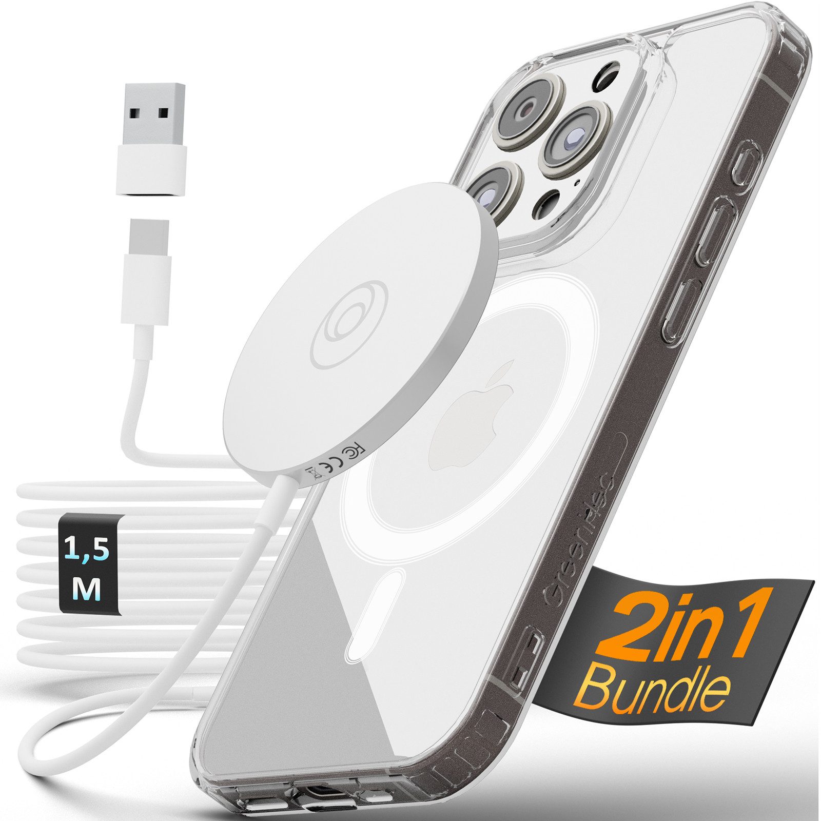 GreenHec iPhone 16 15 14 13 12 Hülle Clear Case Handyhülle & MagSafe Ladegerät Wireless Charger (0,00 mA, Spar-Set, MagSafe Ladegerät + DropDefender Clear Case Pro Max Plus, 15W USB-C Magnet Ring Induktives Magnetisches Ladepad Wireless)