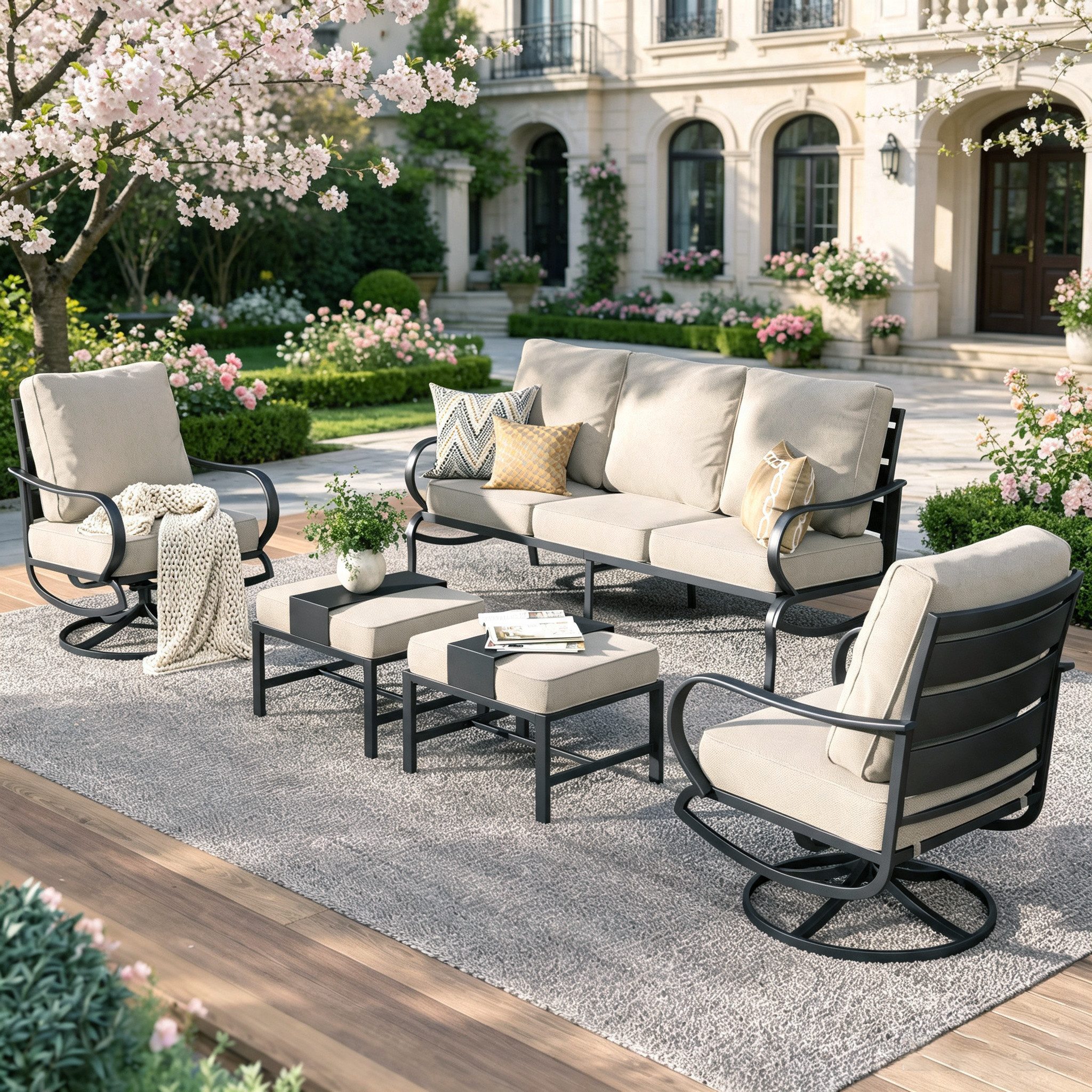 PHI VILLA Gartenlounge-Set, (Balkonmöbel Outdoor Ecksofa, Gartenmöbelsets 7-Sitzer, 5-teiliges Metall Lounge Möbel Outdoor), E-Beschichtung Geschmiedeter Rahmen & Dicke Kissen, Beige
