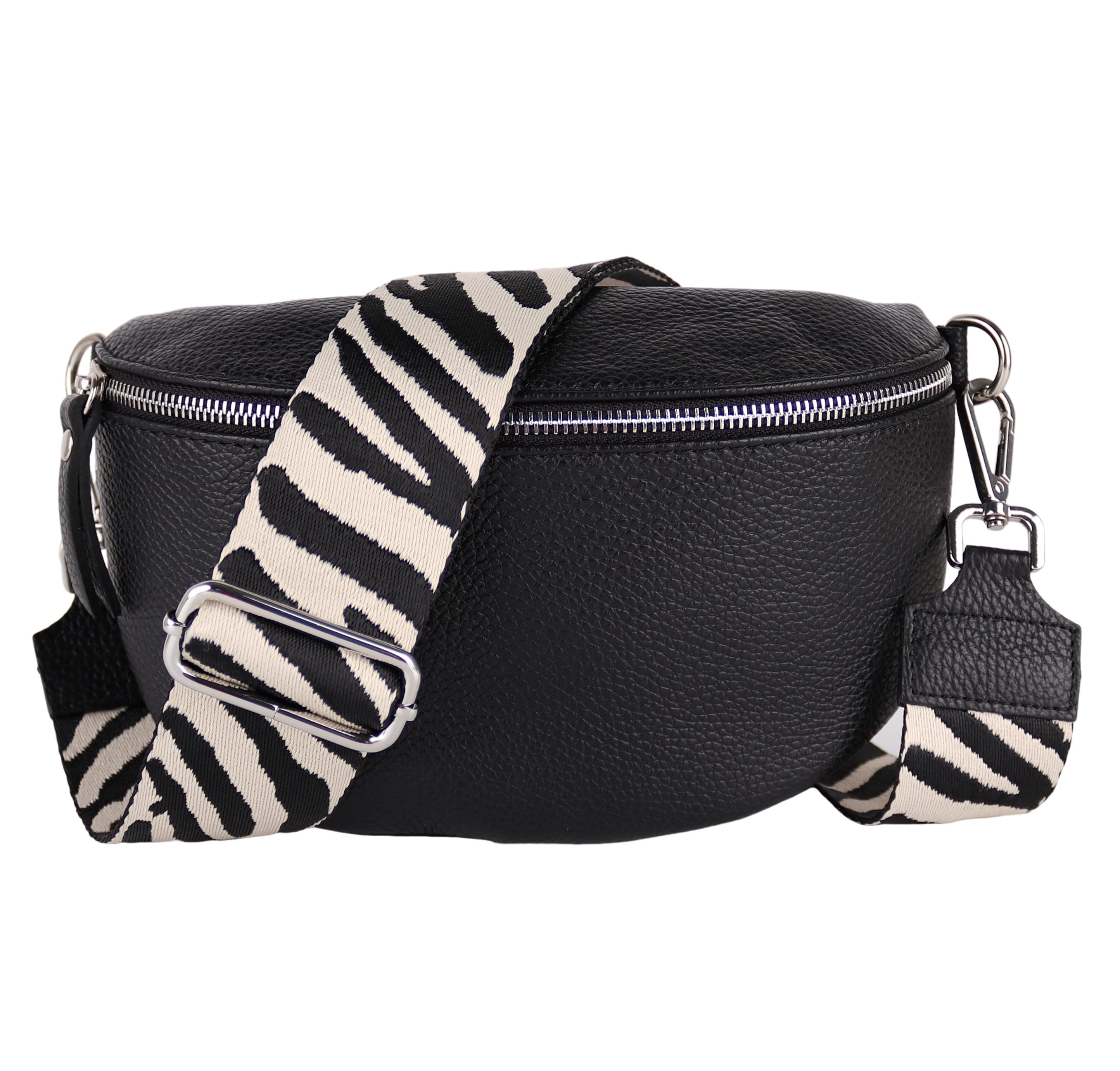 MIRROSI Bauchtasche Damen, Echtleder, Leder, Made in Italy, Umhängetasche, Brusttasche, (Schultertasche für jeden Anlass (1 Tasche & 2 Gurte), 3 Größen auswählbar), Crossbody Bag, Schwarz, gemusterten& verstellbaren Schulterriemen