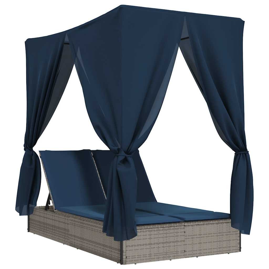 vidaXL Gartenliege Doppel-Sonnenliege mit Dach und Vorhängen Grau Poly Rattan, 1 St.