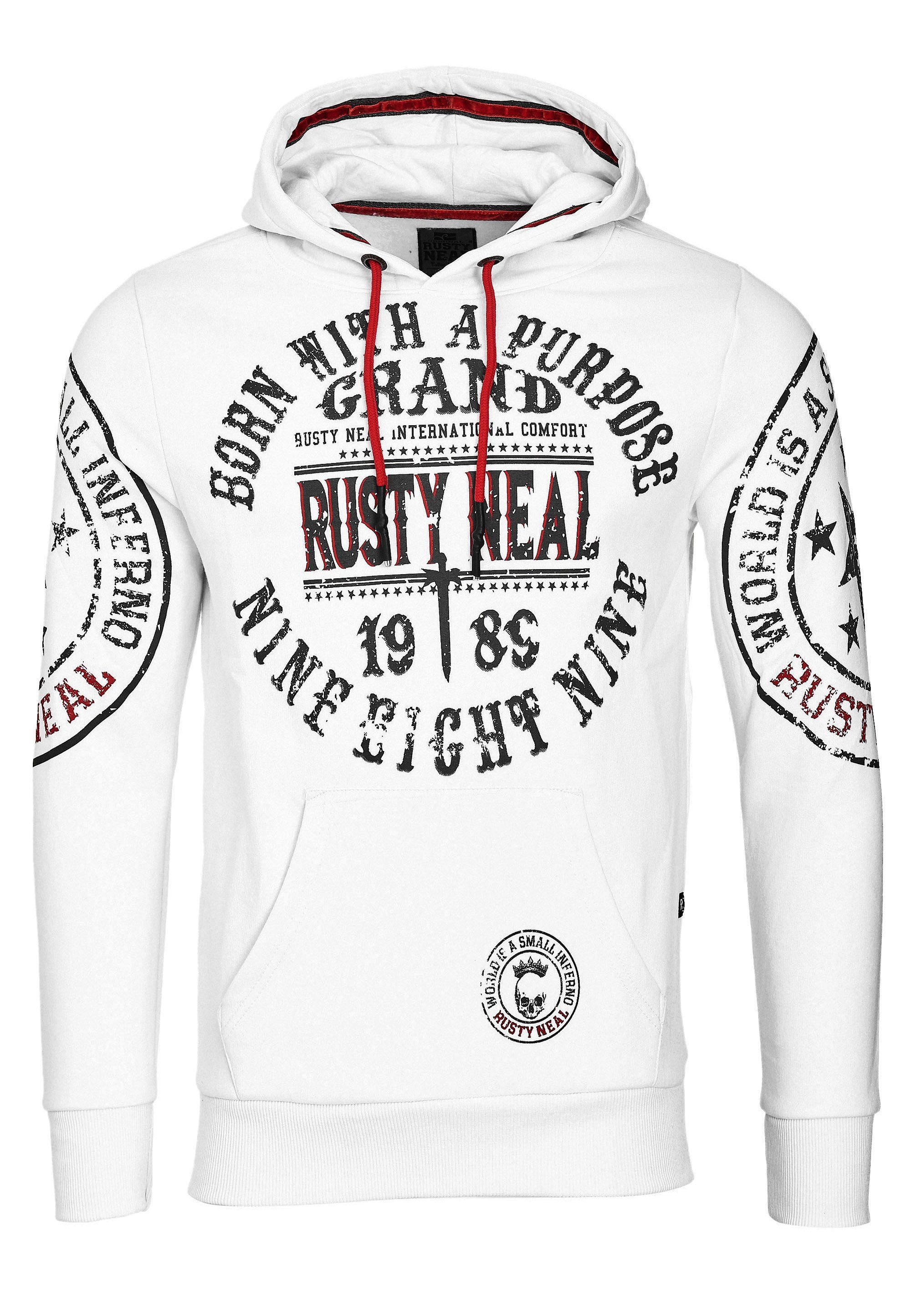 Rusty Neal Kapuzensweatshirt mit weiß-schwarz coolen Markenprints