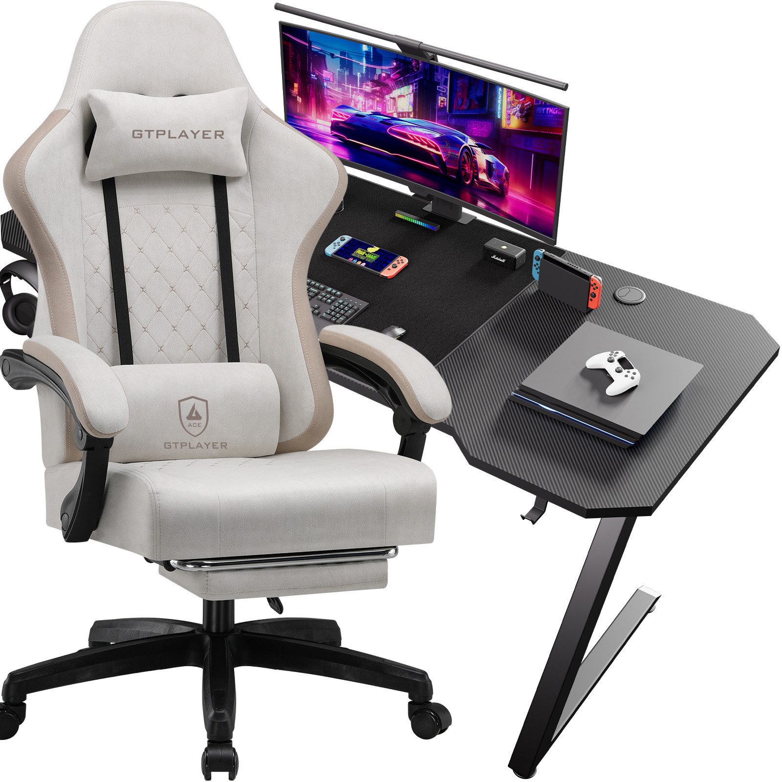 GTPLAYER Gaming-Stuhl Ergonomischer Gaming Sessel Schreibtischstuhl aus Stoff/Kunstleder (Pacekung), Federsitzkissen mit Fußstütze