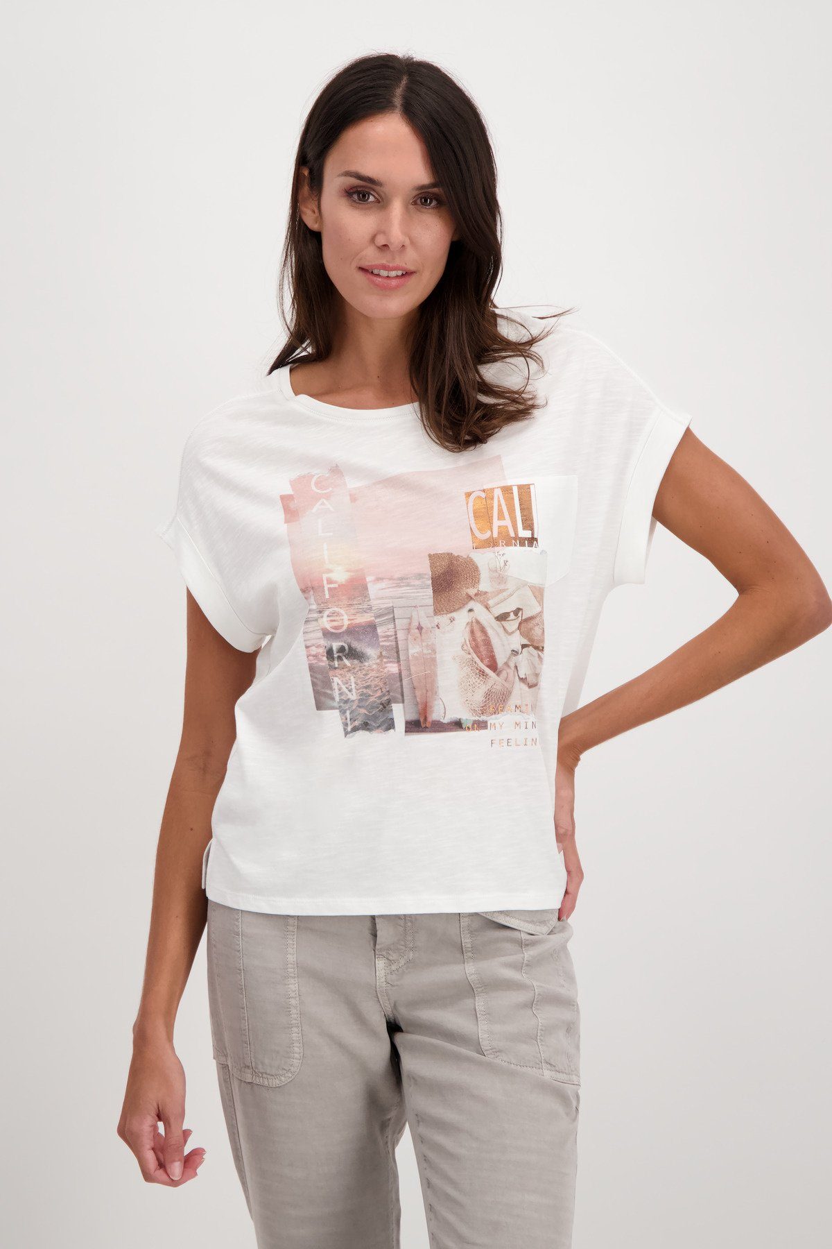 Monari T-Shirt Flammgarn T-Shirt mit Rundhals und Print in Off-White 102 off-white