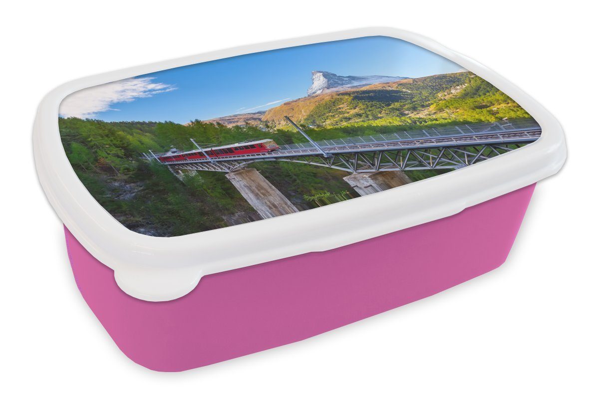 MuchoWow Lunchbox Ein Zug in den Alpen, Kunststoff, (2-tlg), Brotbox für Erwachsene, Brotdose Kinder, Snackbox, Mädchen, Kunststoff rosa