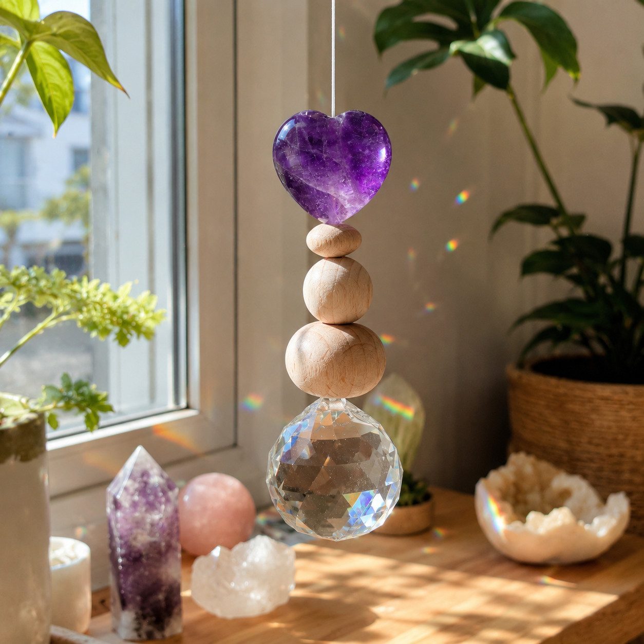 Karmandala Fensterdekoration Kristall Sonnenfänger mit Edelstein Windspiel Regenbogen Lichtfänger, echte Amethyst Natursteine für Ruhe, Klarheit und Intuition