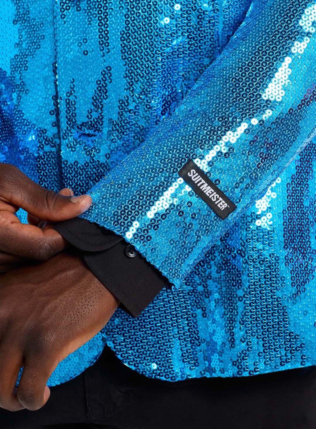 Opposuits Kostüm Glitzerjacke blau, Eine blaue Discokugel zum Anziehen!