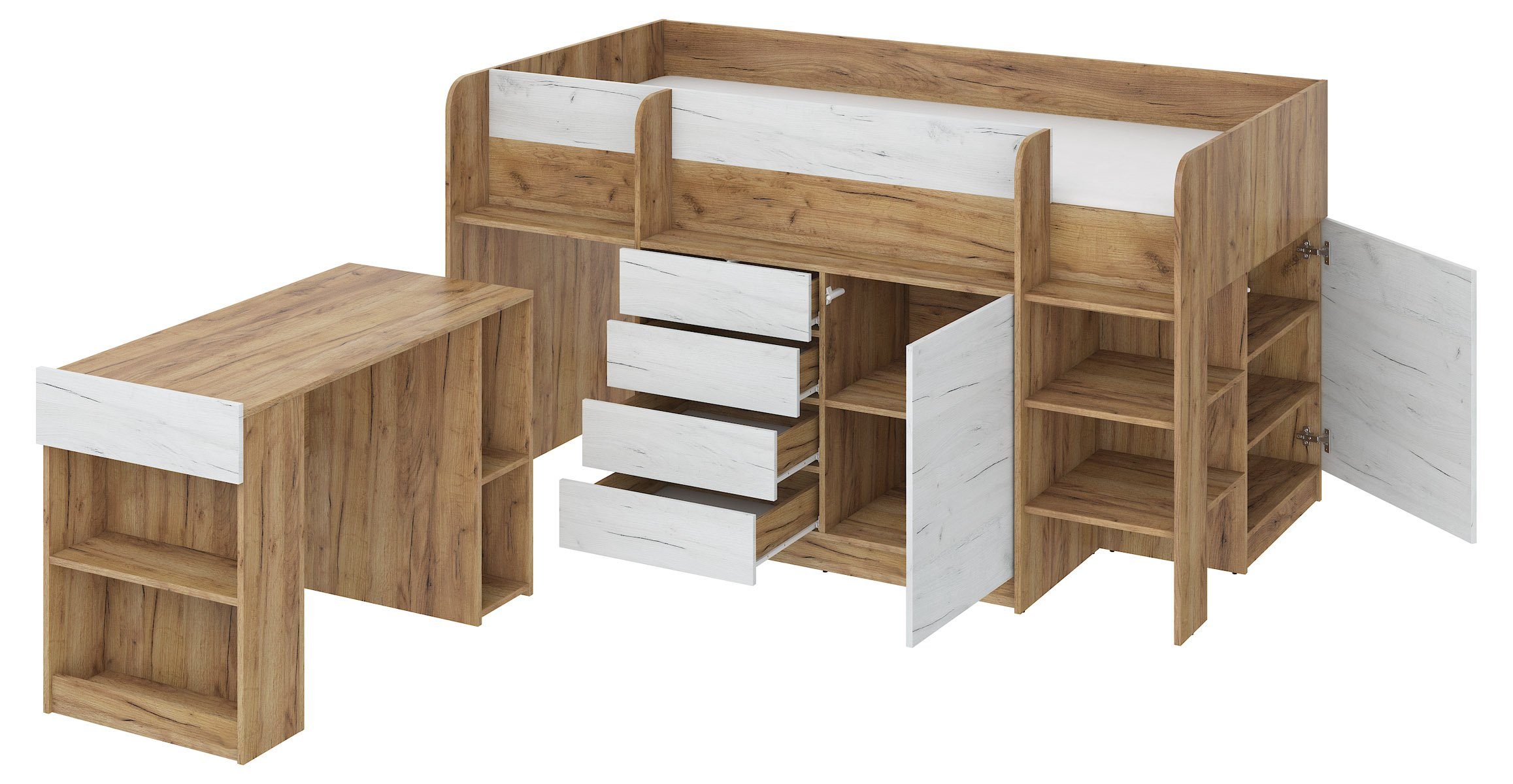 Breite und Hochbett integrierten Domando Hochbett mit Schränken, Weiß Eiche Sondrio Schreibtisch und 204cm, Eiche Gold Regal