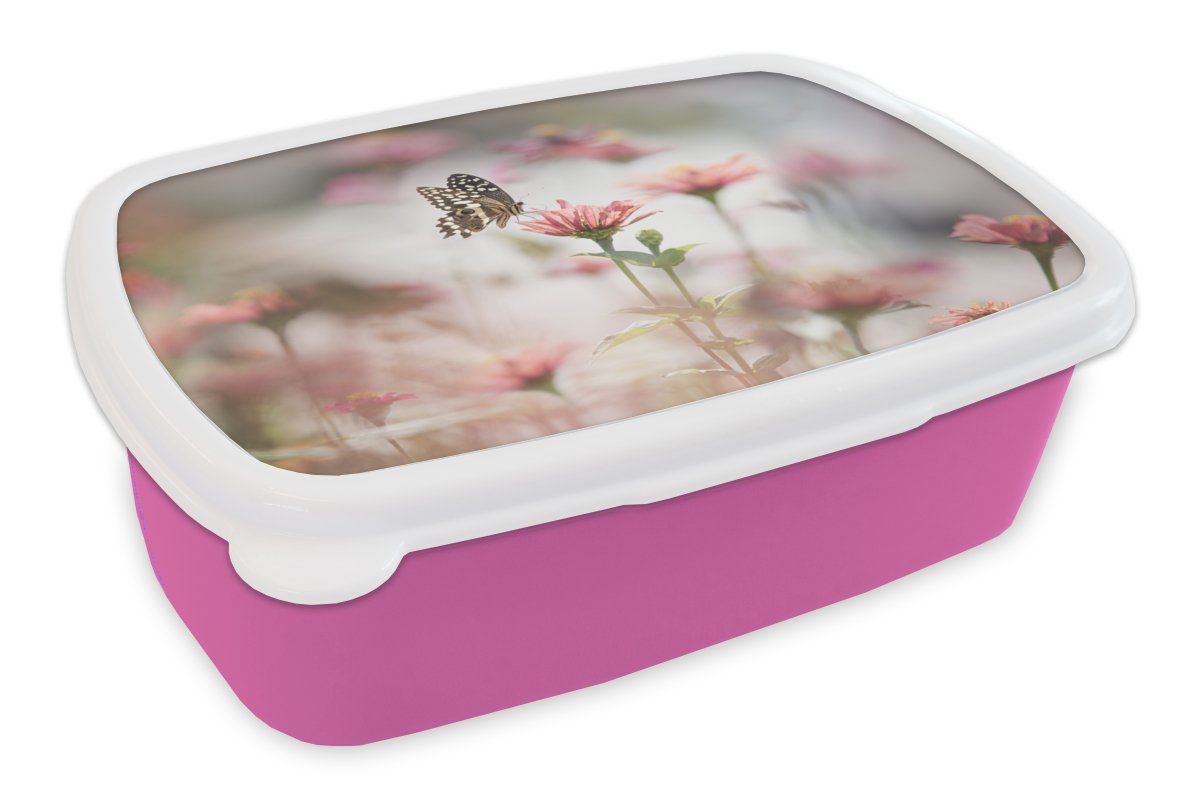 MuchoWow Lunchbox Schmetterling - Blume - Rosa, Kunststoff, (2-tlg), Brotbox für Erwachsene, Brotdose Kinder, Snackbox, Mädchen, Kunststoff