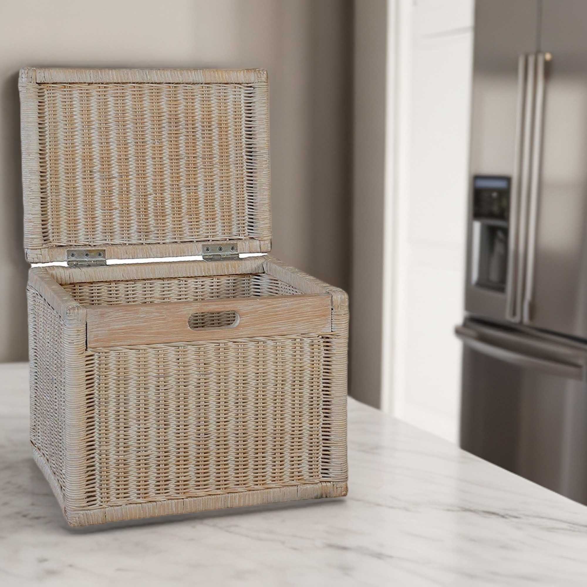 Krines Home Aufbewahrungskorb Hoher Korb mit Deckel Rattan geflochten Regalkorb Aufbewahrungsbox, Mit Inlett