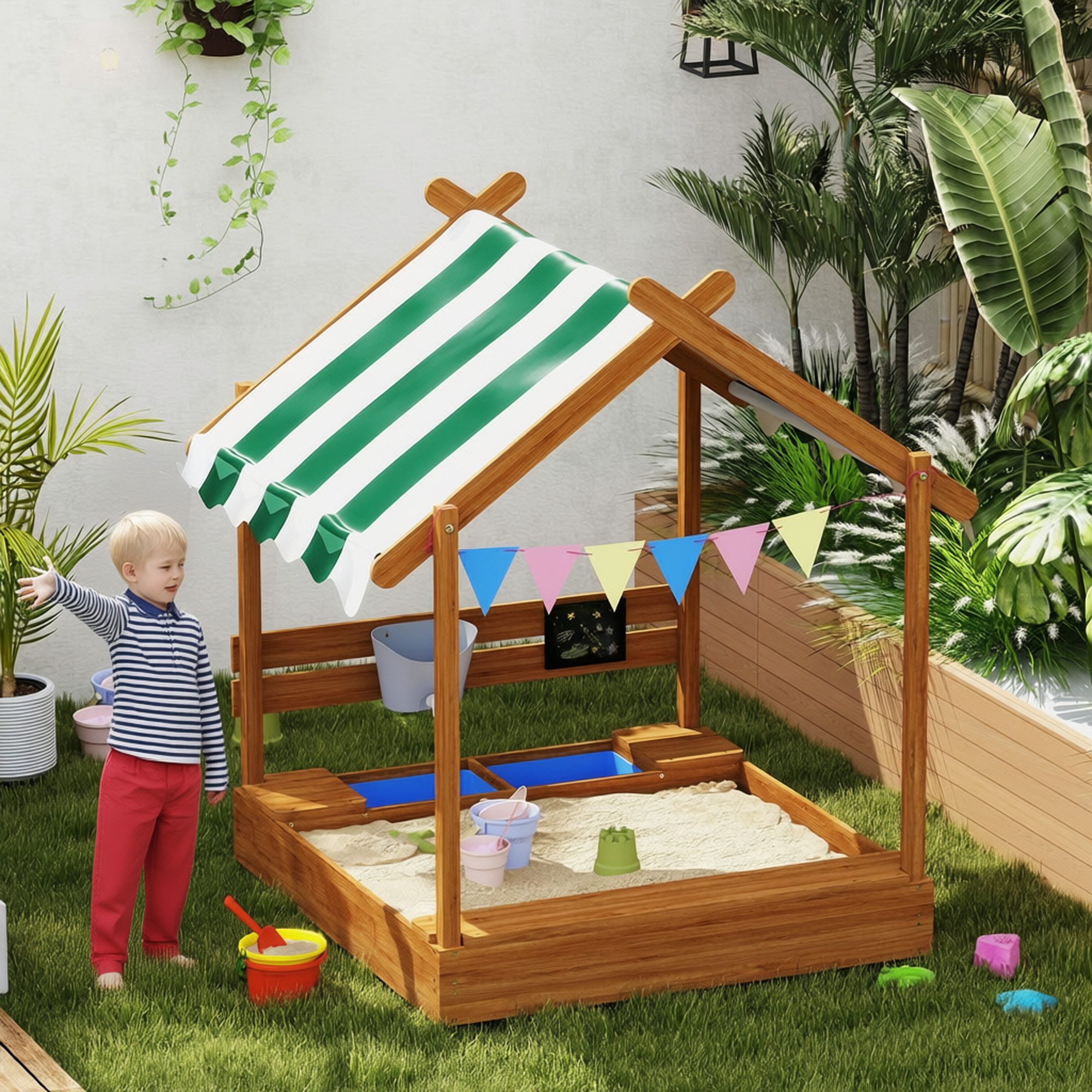 Outsunny Sandkasten Sandkiste mit Dach, aus Holz mit Sitzplatz, Garten, grün, (Spielhaus, 1-tlg., Sandbox mit Tafel), für 3-7 Jahre Kinder, 124 x 116 x 146 cm