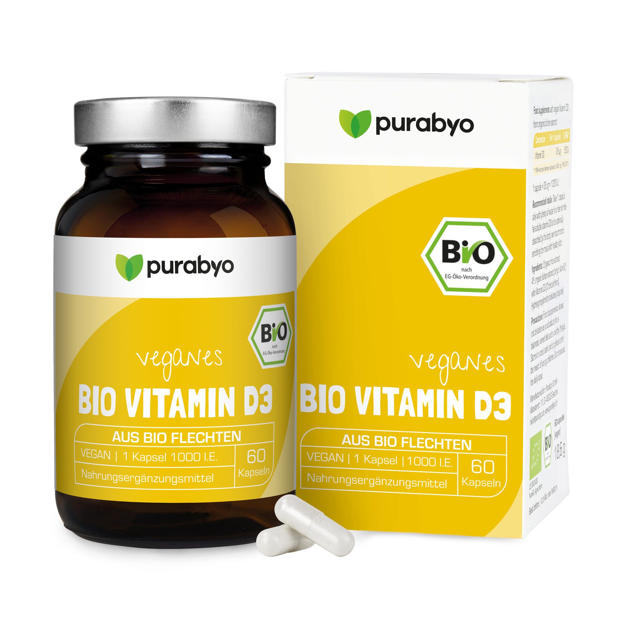 BIO Vitamin D3 Kapseln, vegan, Pro Kapsel 25 µg (1000 I.E), im Glas Kapseln