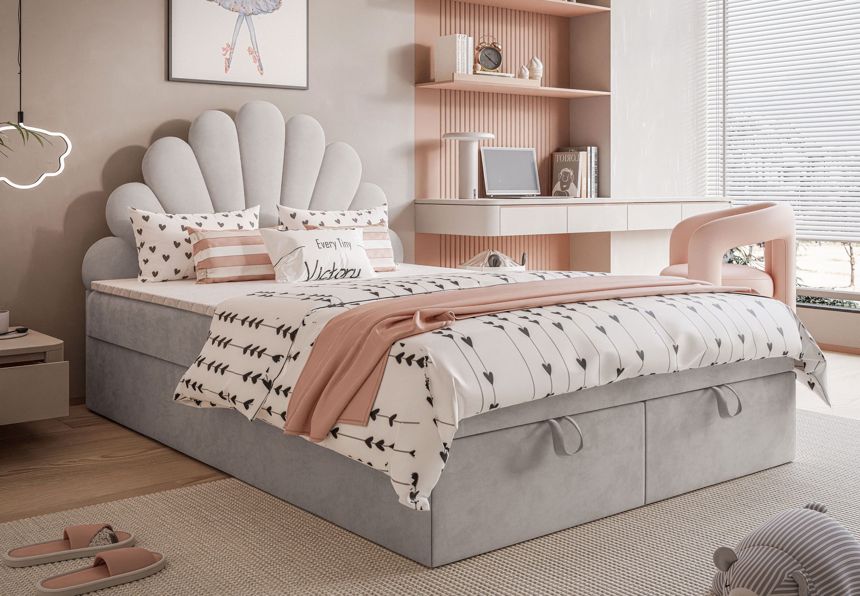 Lookway Boxspringbett ASHLEY Polsterbett mit Muschel-Kopfteil und Bettkasten (Boxspringbett mit Topper), gepolstertes Kopfteil