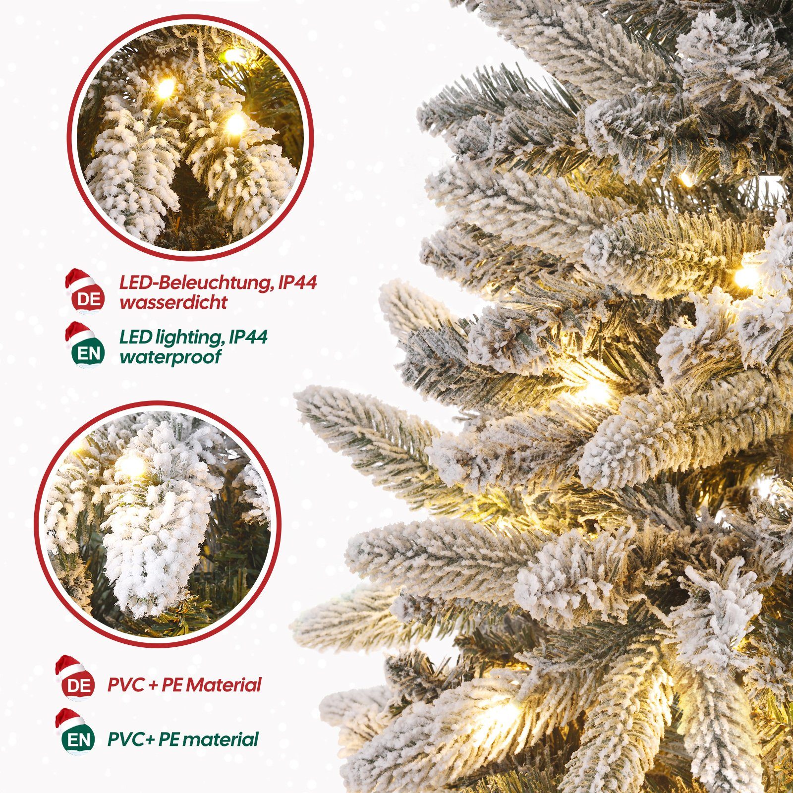 Künstlicher LED Slim Schneeflocken, mit Yorbay 210 Tannenbaum Künstlicher PE Schlankes Ständer, PVC, Weihnachtsbaum für und Beleuchtung, 180 aus Christbaum / Weihnachtsbaum cm Design, auswählbar, Weihnachten-Dekoration mit