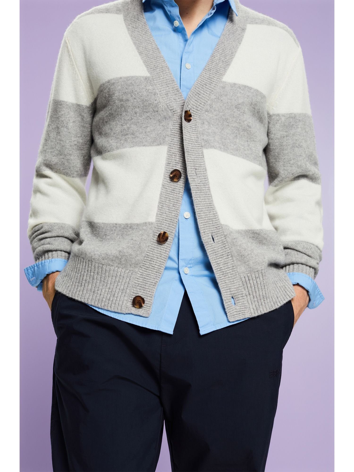 (1-tlg) Gestreifter LIGHT Cardigan V-Ausschnitt aus Strickjacke mit Kaschmir GREY Esprit