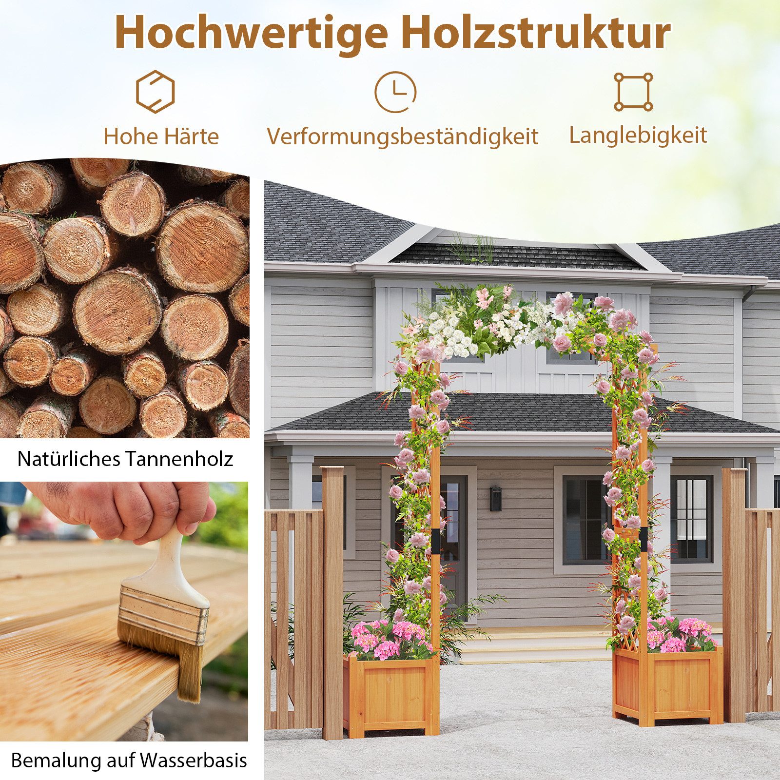 COSTWAY Rosenbogen, 1 St., Gartenbogen, mit Blumenkasten, für Kletterpflanzen, 201cm hoch
