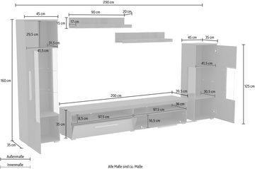 INOSIGN Wohnwand India,Breite 290cm moderne Mediawand ohne Beleuchtung, (Set, 5-St), Anbuwand (Set,5-St, 2xVitrine, 1TV-Schrank, 2xWandregal) viel Stauraum