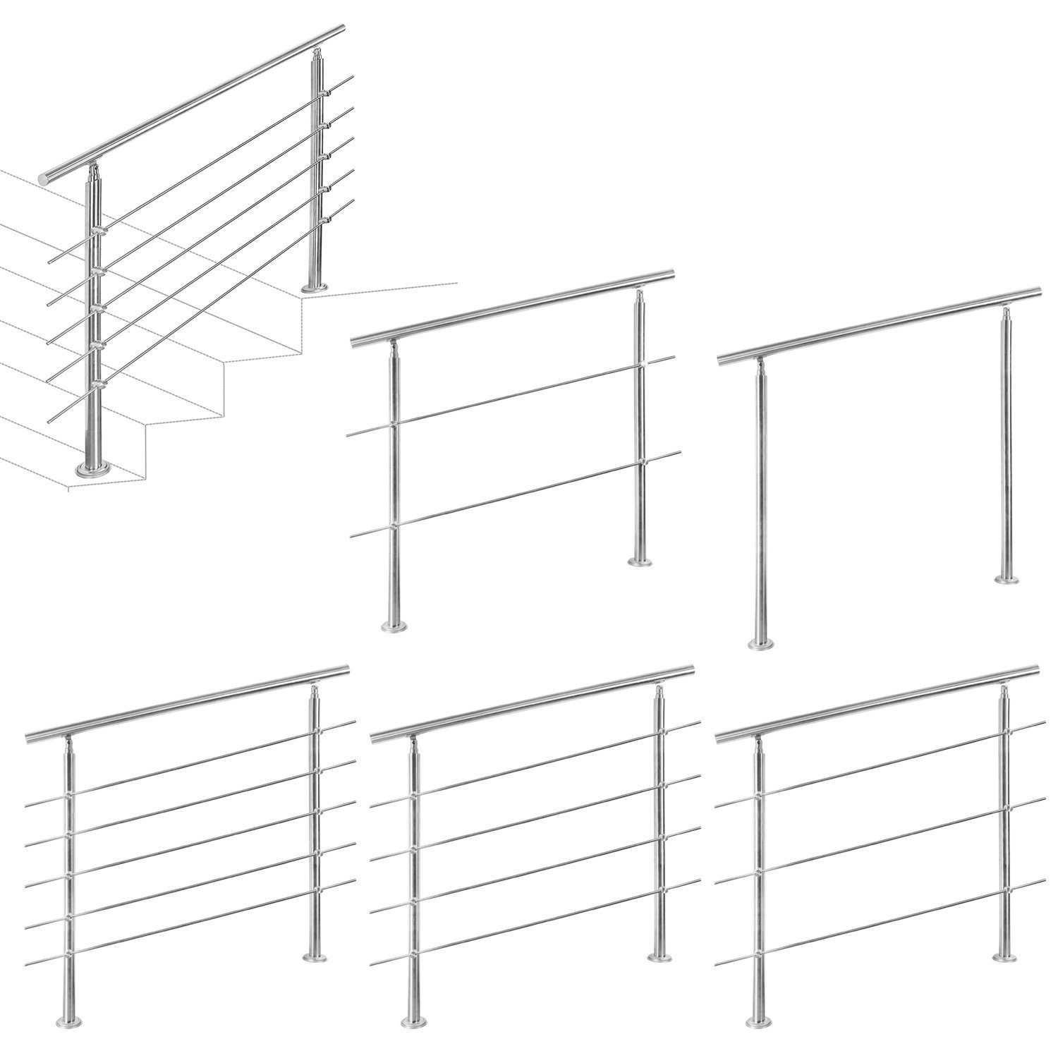 Edelstahl Aufmontage, cm Treppengeländer Geländer 0-5 für Garten Handlauf Gimisgu 0 80 mit Querstab 80-180cm Bausatz Balkon Brüstung Länge, Pfosten,