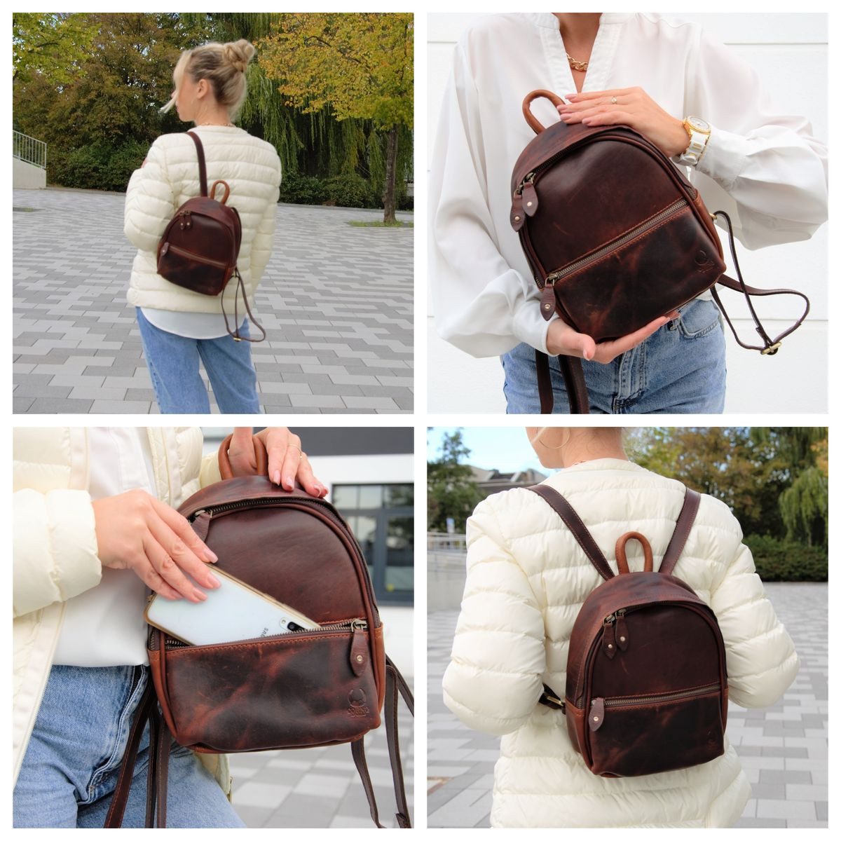 Corno d´Oro Cityrucksack HANDMADE Kleiner Rucksack Damen Echt Leder Vintage Braun, Elegant, ideal für iPad Mini und Kindle