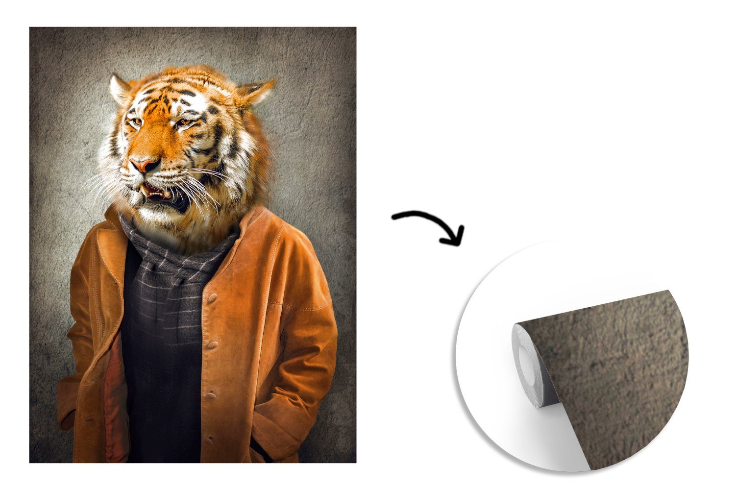 MuchoWow Fototapete Tiger - Kleidung Porträt, Matt, - Tapete (4 Wohnzimmer, bedruckt, St), Wandtapete Montagefertig Vinyl für