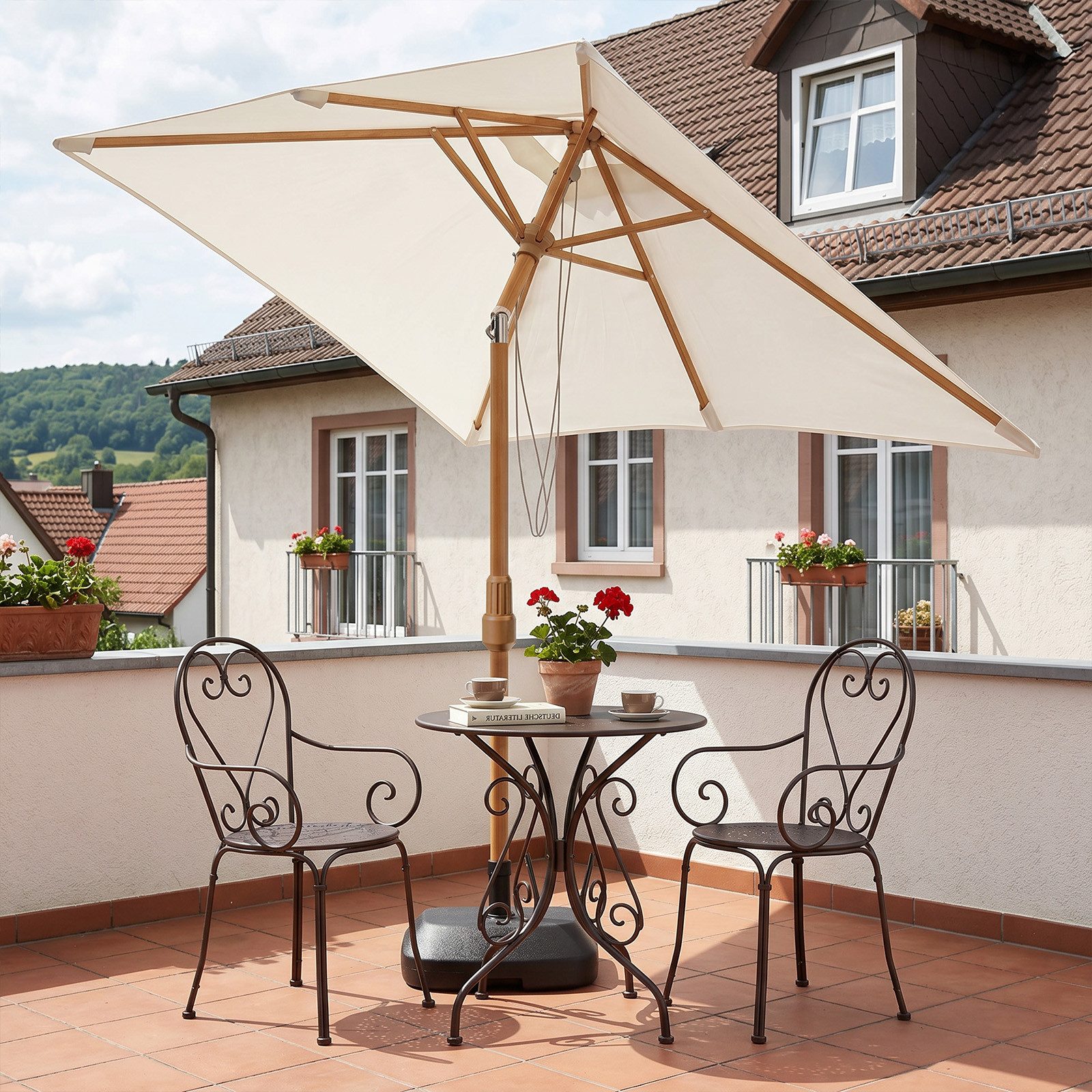 Sekey Sonnenschirm 200 x 150 cm Holzoptik Balkonschirm Rechteckig Wasserdicht, Knickbar, LxB: 200x150 cm, Sonnenschirm für Balkon Knickbar, Wasserdicht, UPF 50+