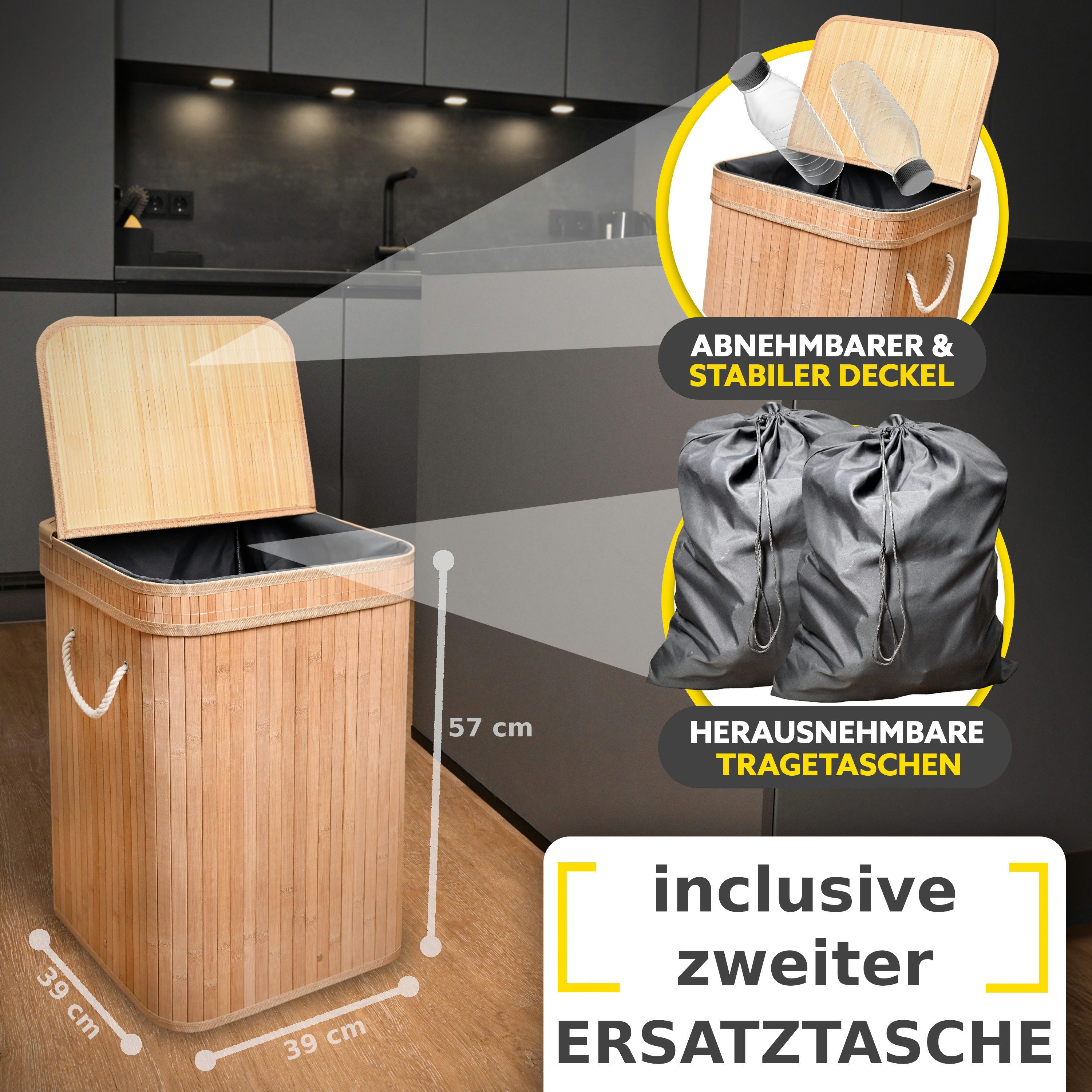 HANDFILL Flaschensammler Wäschekorb Bambus 90L mit Deckel – Pfandflaschen & Recyclingbehälter (Recycling- und Aufbewahrungs-Set aus Bambus – ideal für Pfandflas – Bild 4 von 5