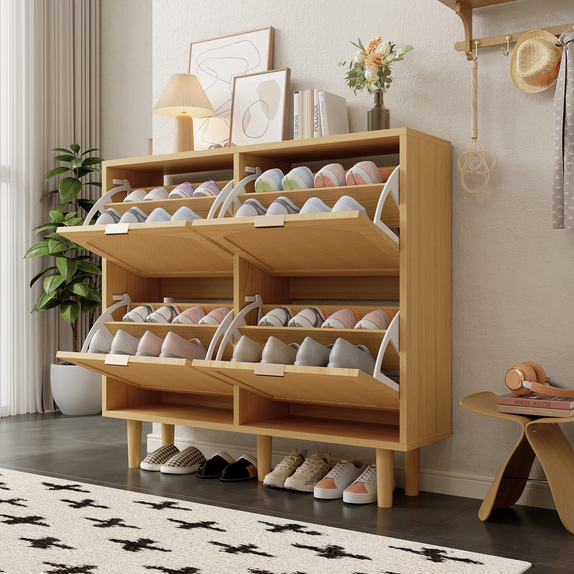 KLAM HOME Schuhschrank Schuhkommode aus Rattan mit Metallgriffen und 4 Klappschubladen (Holzmöbel, Landhausstil, Maße: 100 x 25 x 90 cm) Schuhregal für Flur, Schlafzimmer, Wohnung
