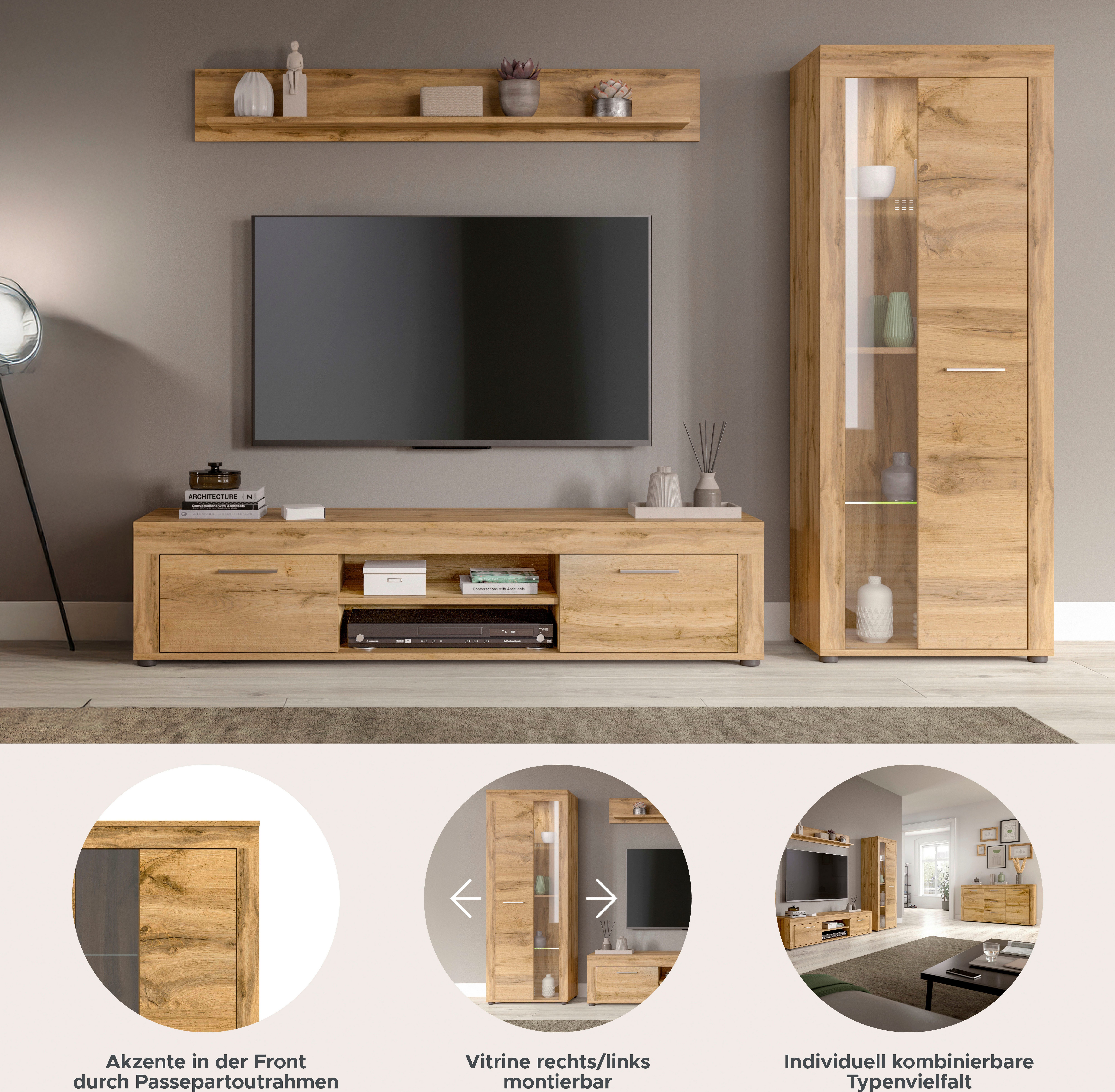 OTTO home Wohnwand AOSTA, Breite 235cm, 3-teilige Wohn-Kombination, (3-St., bestehend aus: Lowboard, Wandboard, Vitrine), Wohnwand, Kombination, Anbauwand, Möbel Set, Schrankwand, Möbel Kombi