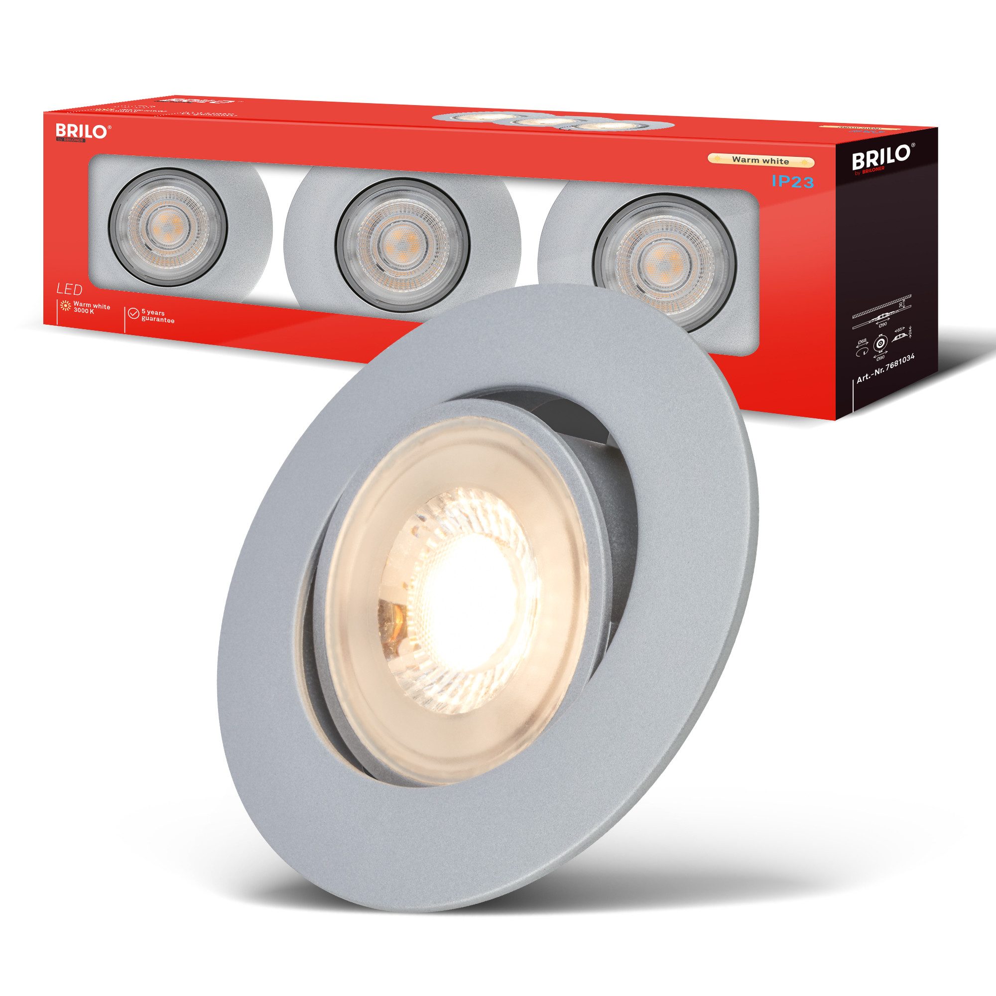 Briloner Leuchten LED Einbauleuchte Einbaustrahler 3er Set Dimmbar Schwenkbar, Standard, LED fest integriert, Warmweiß, 90x24 mm, Wohnzimmer, Flur