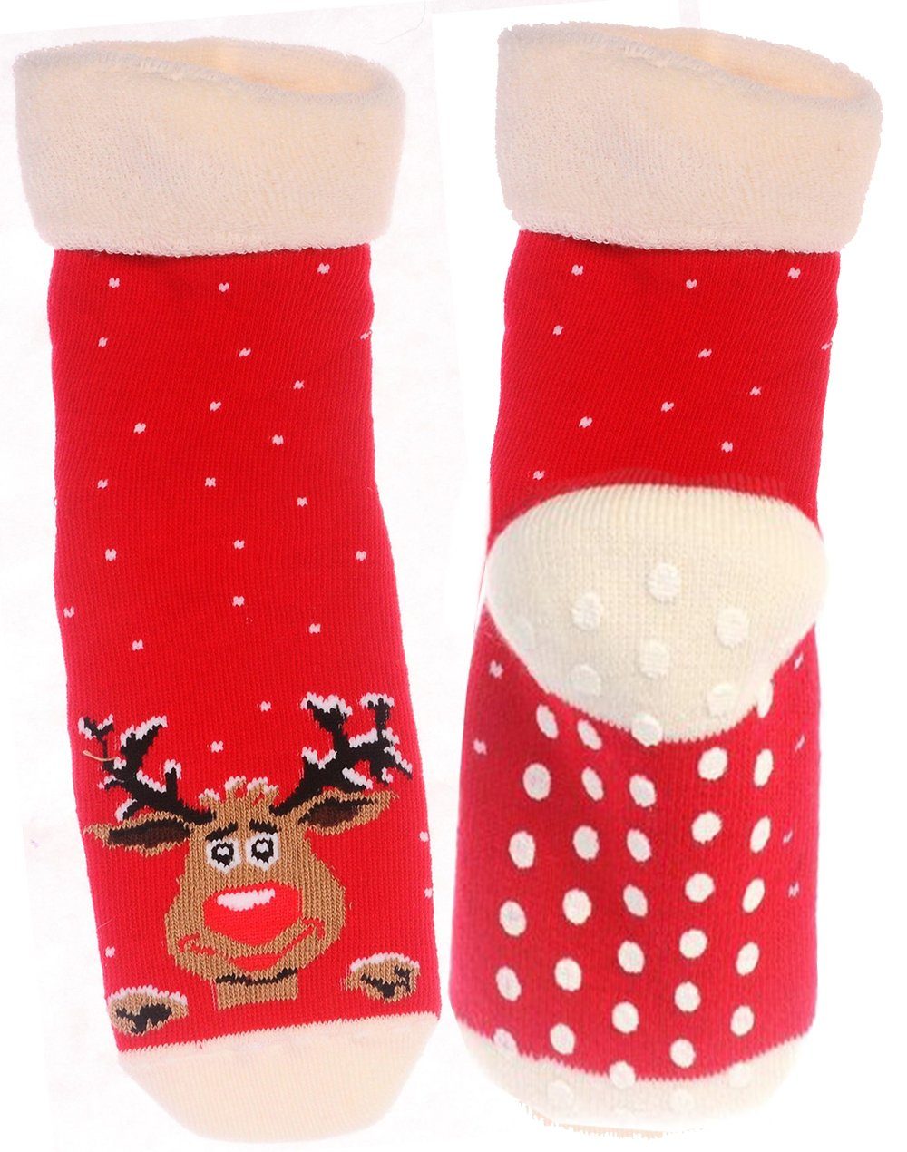 Martinex Thermosocken Thermosocken Socken Weihnachten Weihnachtssocken Antirutschsocken warm, weich, genoppt, mit Rentier in Rot, 32 33 34 35 36