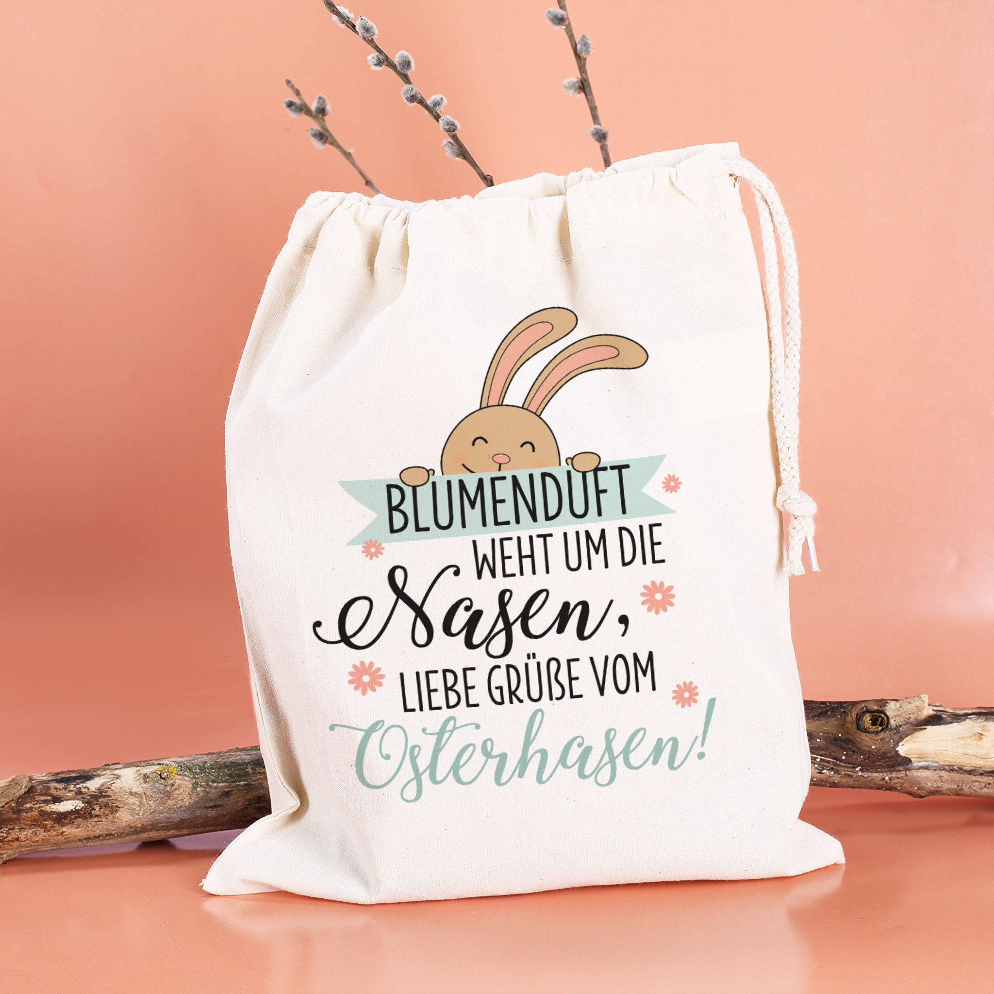 Herz & Heim Beuteltasche Geschenksack zu Ostern – Stoffbeutel aus Baumwolle mit Oster-Motiv, mit Kordelzug
