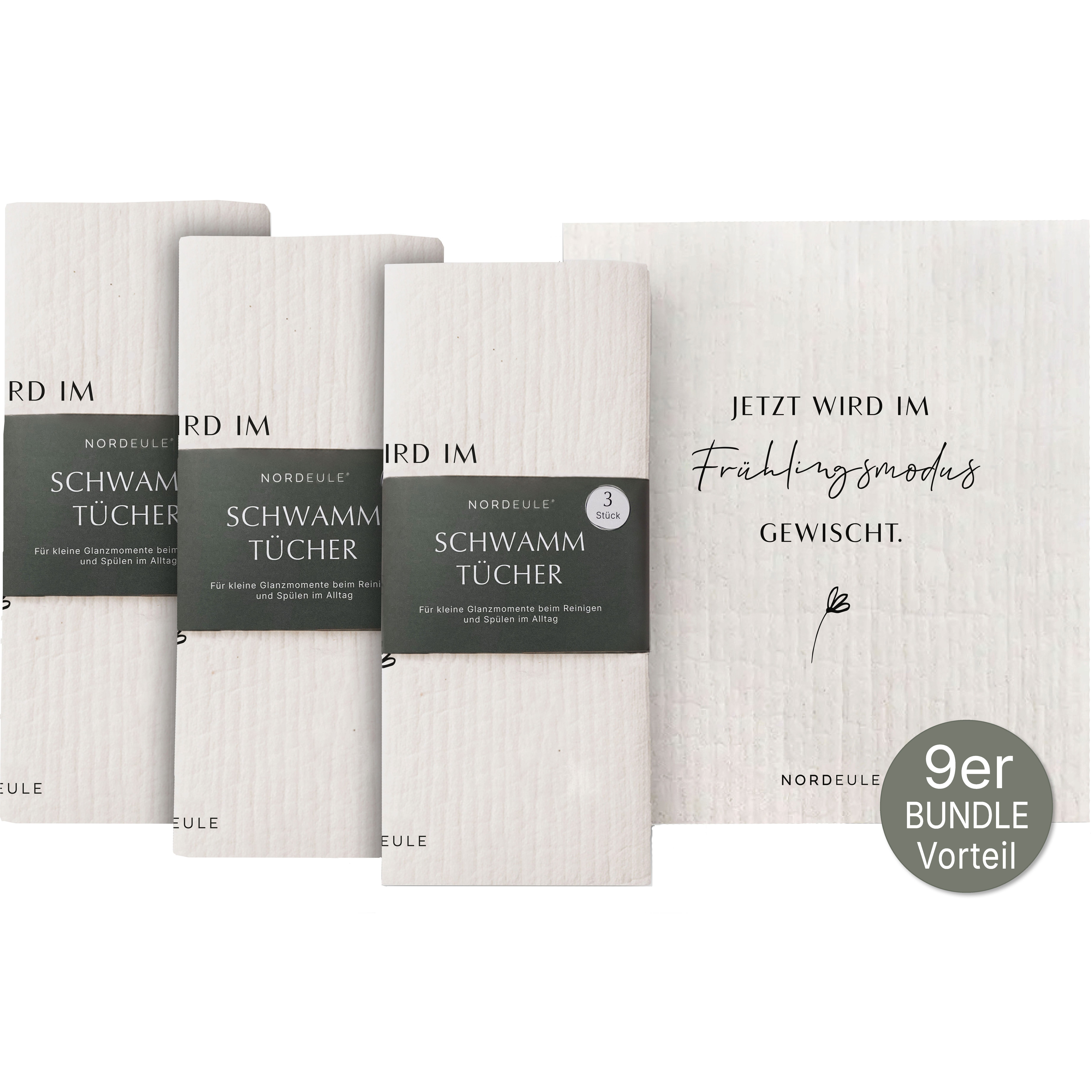 NORDEULE Frühling Schwarz-Weiß mit Spruch Reinigungstuch (70 % Holz-Zellulose, 30 % Baumwolle, Set, 9-tlg., ideales Geschenk zu Ostern, im Osternest, Mitbringsel, Osterwichteln)