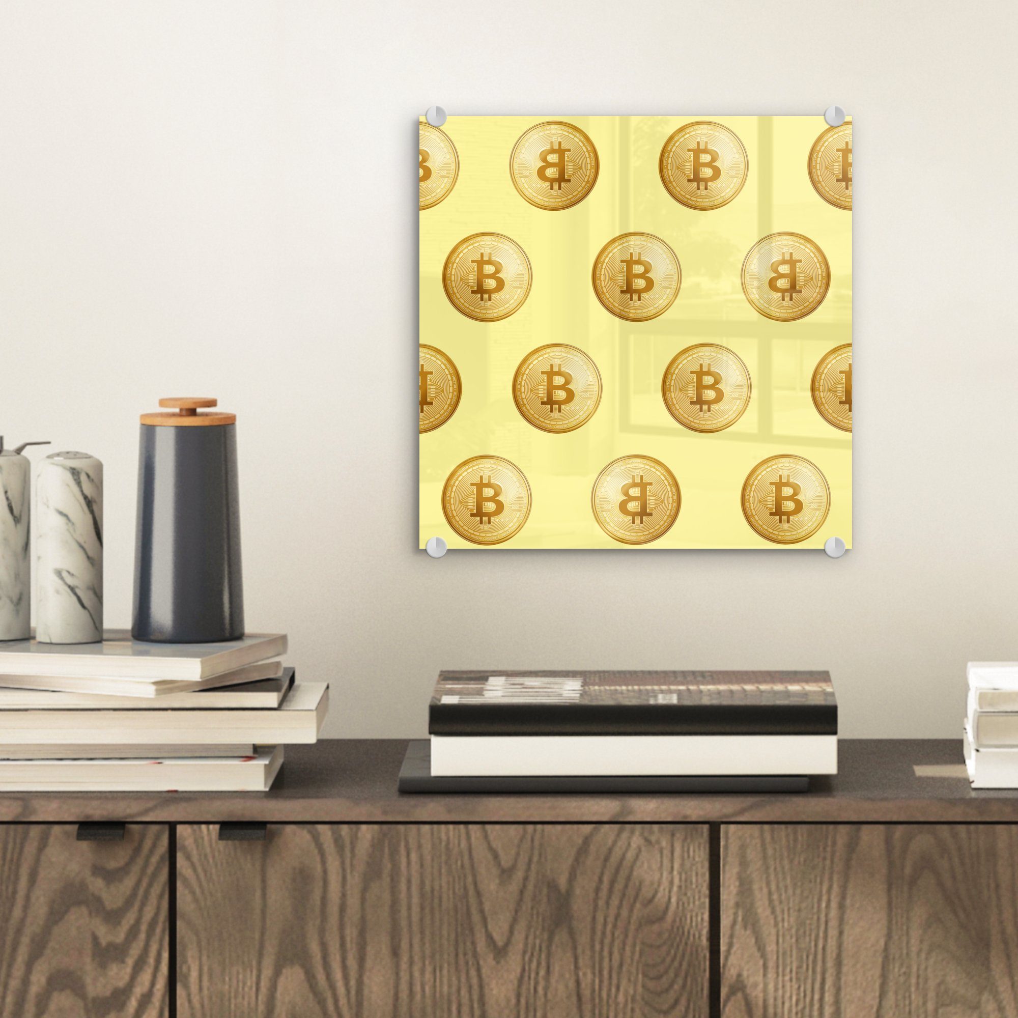 MuchoWow Acrylglasbild Bitcoin - Glas Muster - Wanddekoration Foto Wandbild - - auf (1 Glasbilder Gold Glas - Gelb, St), Bilder auf 