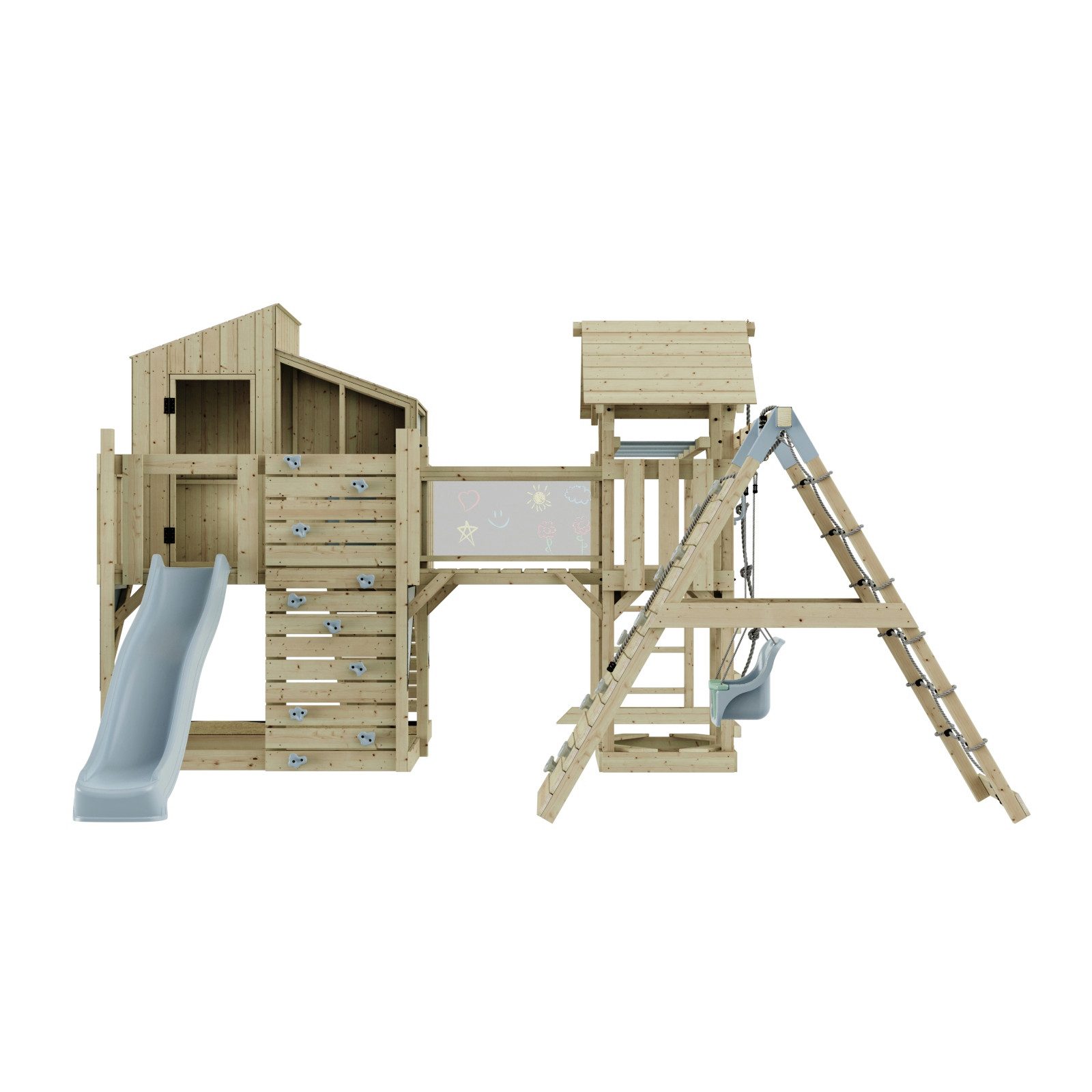 OutdoorToys Spielturm Tammo, aus Holz in Eisblau mit Babyschaukel & Rutsche, Kletterwand