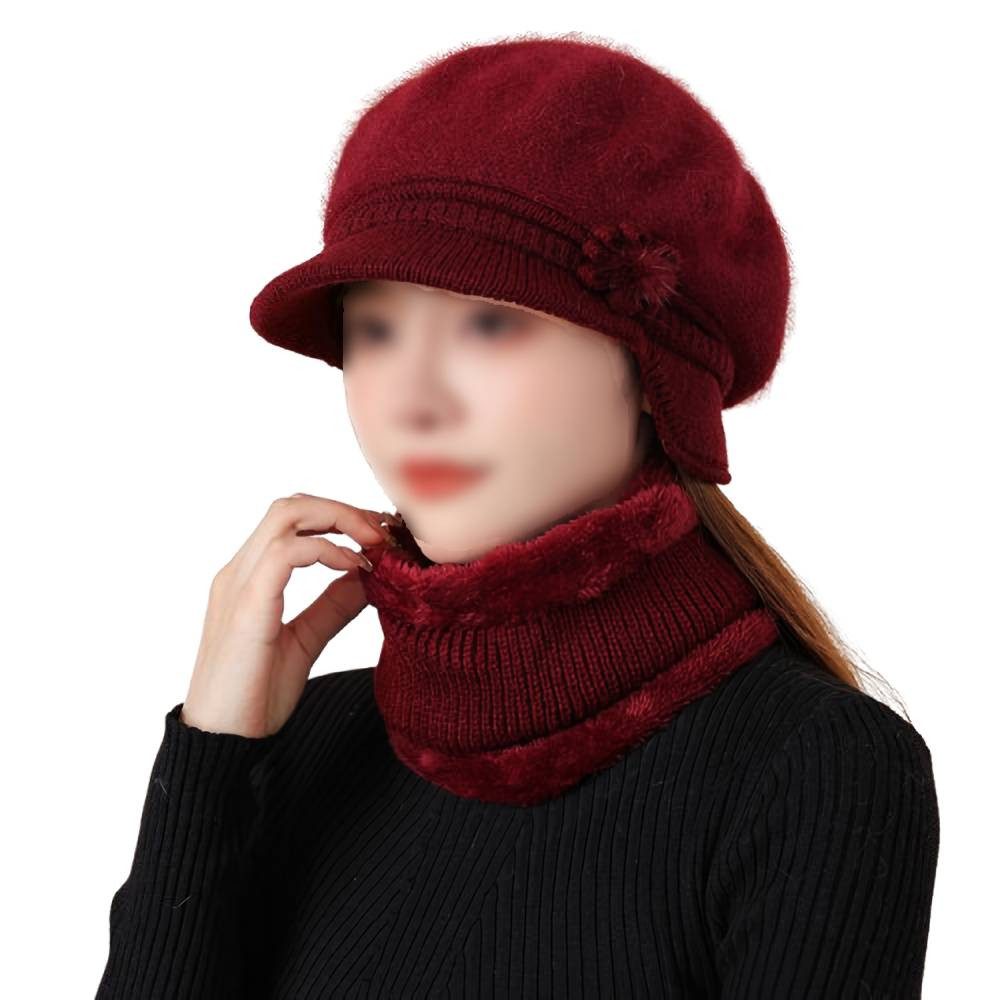 Blusmart Mütze & Schal Damen Wintermütze mit Schal Set (Warme gefütterte Beretmütze mit Blumenverzierung, 2-tlg., Elastische Strickmütze und Schlauchschal) Für kalte Tage