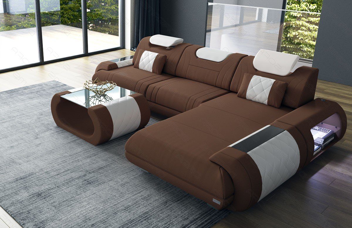 Sofa Dreams Ecksofa Polster Couch M L Stoff hellbraun-weiß Stoffsofa Bettfunktion wahlweise Sofa, Form mit Rimini Mikrofaser