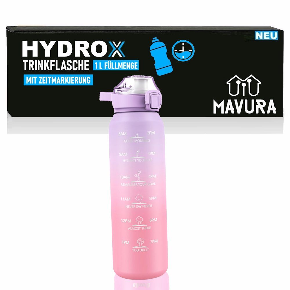 MAVURA Trinkflasche HYDROX Trinkflasche mit Zeitmarkierung Wasserflasche Sportflasche, Jogging Yoga Schule Flasche Zeitangabe auslaufsicher 1L