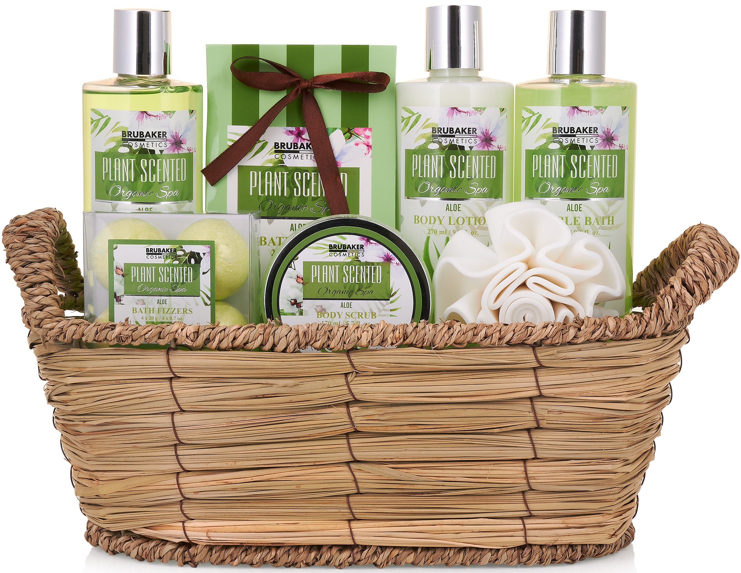 BRUBAKER Hautreinigungs-Set Dusch- und mit Pflegeset, Geschenkset im Duft, Set Badeset Flechtkorb, 11-tlg., Vera Frauen Damen Beauty Aloe Geschenk