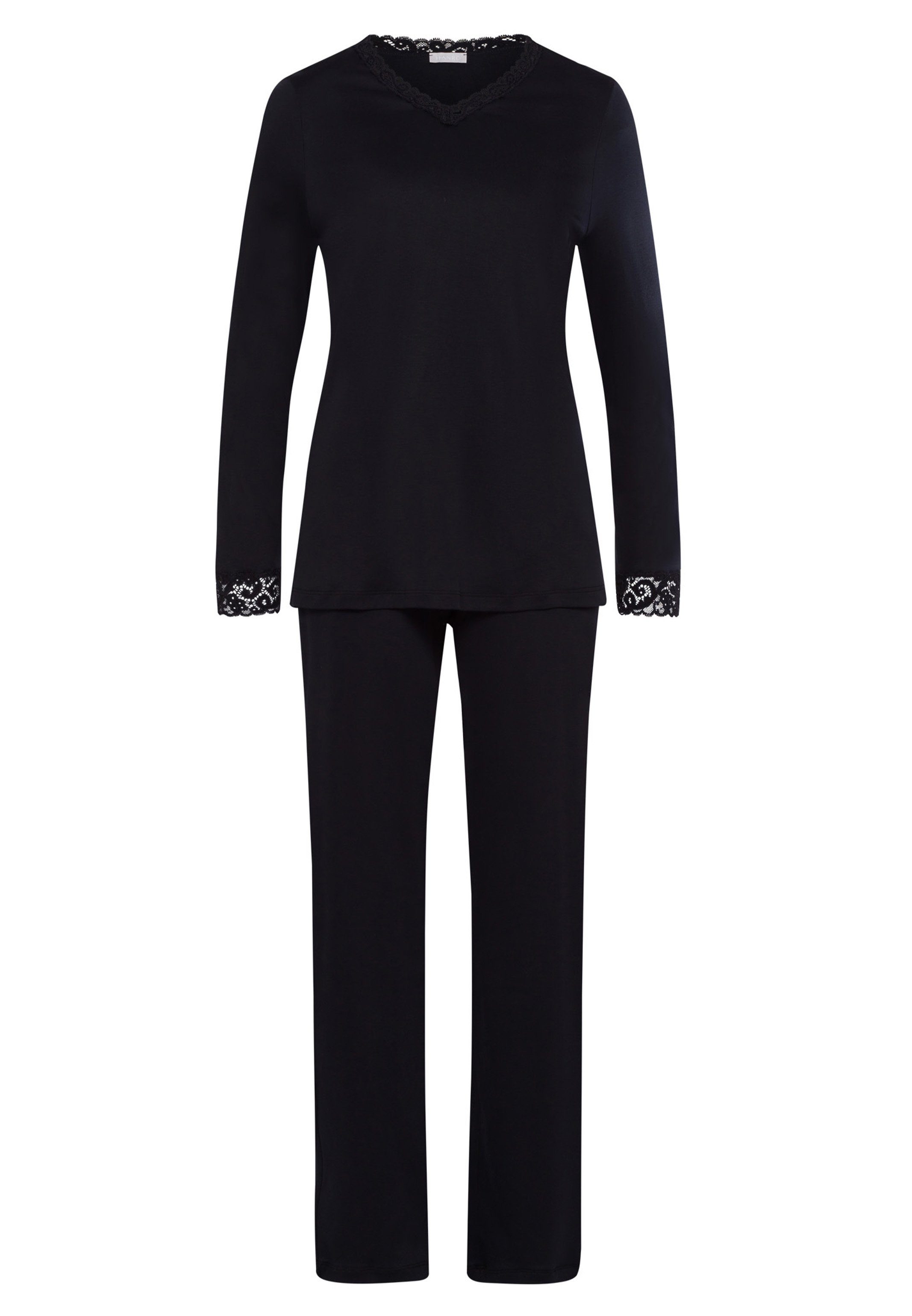 Hanro Pyjama 2 Schlafanzug - Shirt und Langarm Moments Black Set tlg) Hose Baumwolle langer aus - (Set
