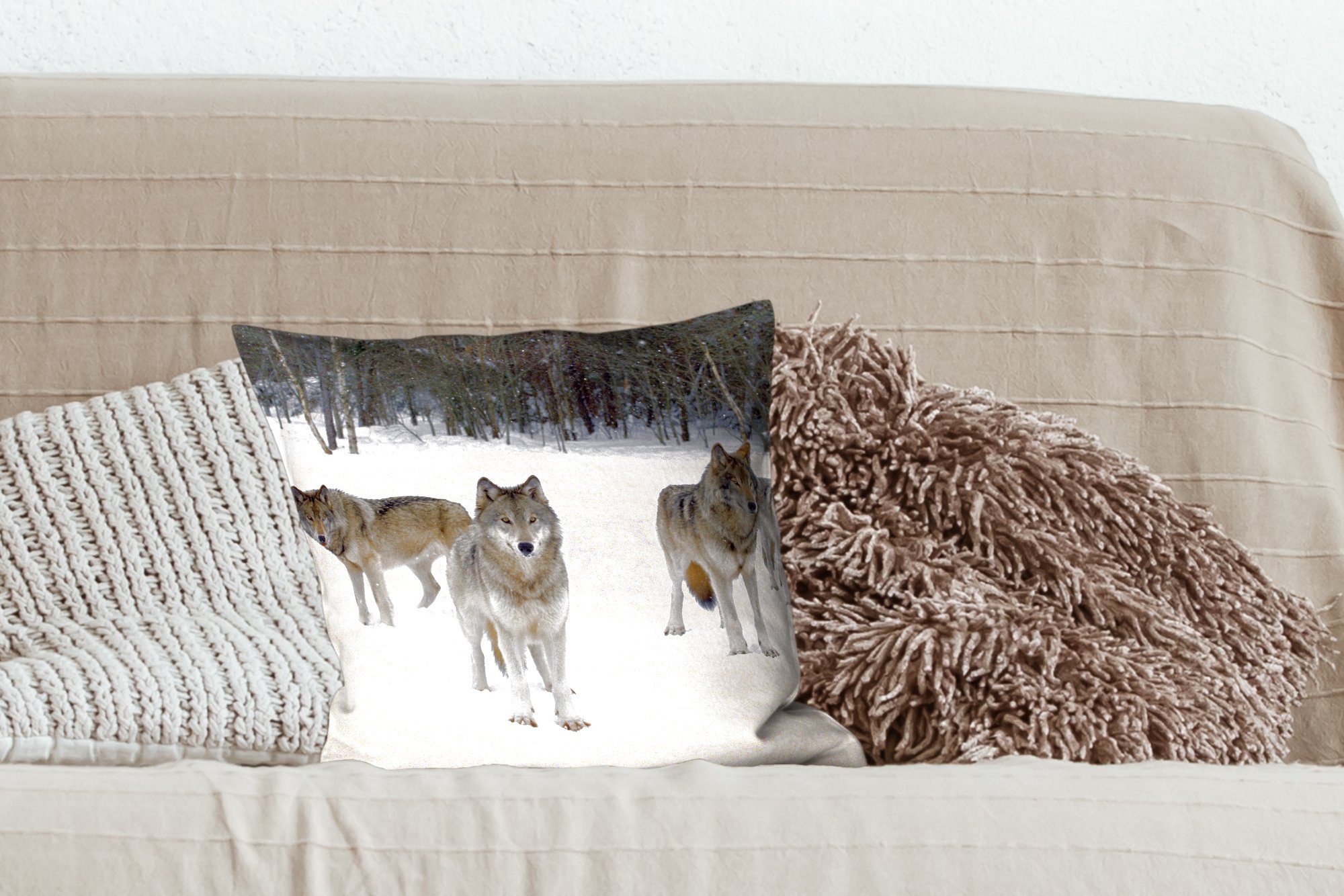 Schnee Füllung Zierkissen Kanada, für MuchoWow - Deko, Schlafzimmer, Wohzimmer, mit Wolf Sofakissen - Dekokissen