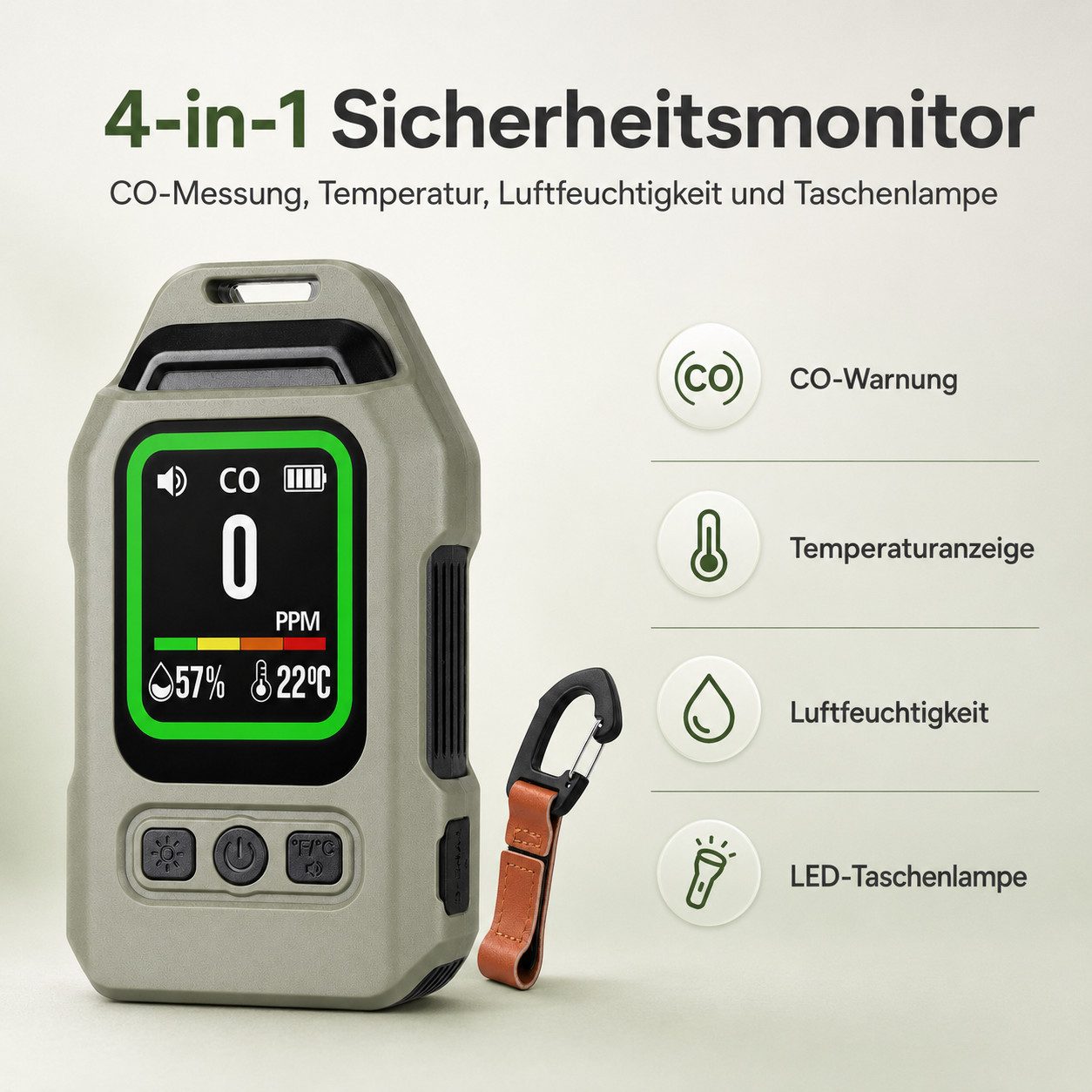 Tekoo Kohlenmonoxid Melder 4-in-1, CO-Warner Camping & Wohnmobil CO-Melder (LCD, 4-in-1 Multifunktionsgerät, Kompaktes Reise-Design)