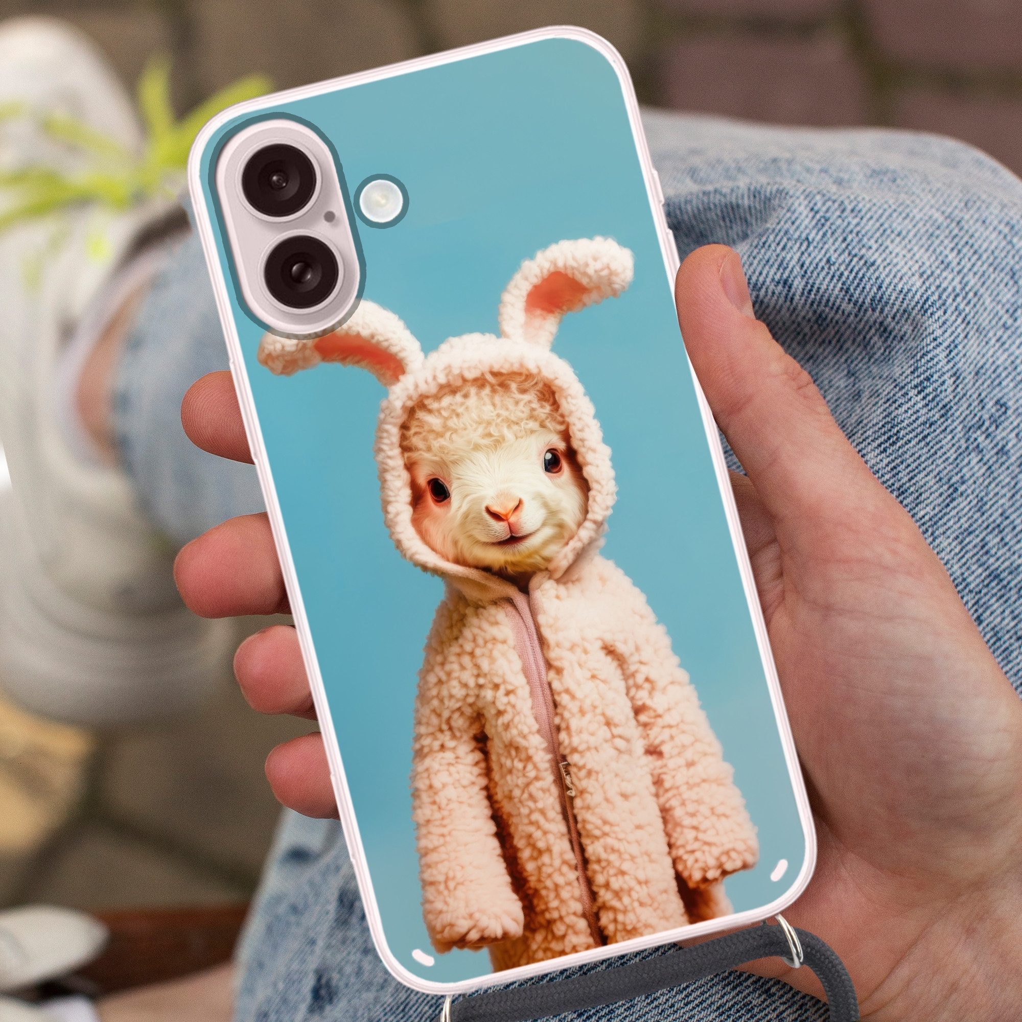 MuchoWow Handyhülle für Apple iPhone 16 Lamm - Osterhase - Kostüm, Tragbare Handyhüllen mit Kette zum umhängen, Handykette Handyband